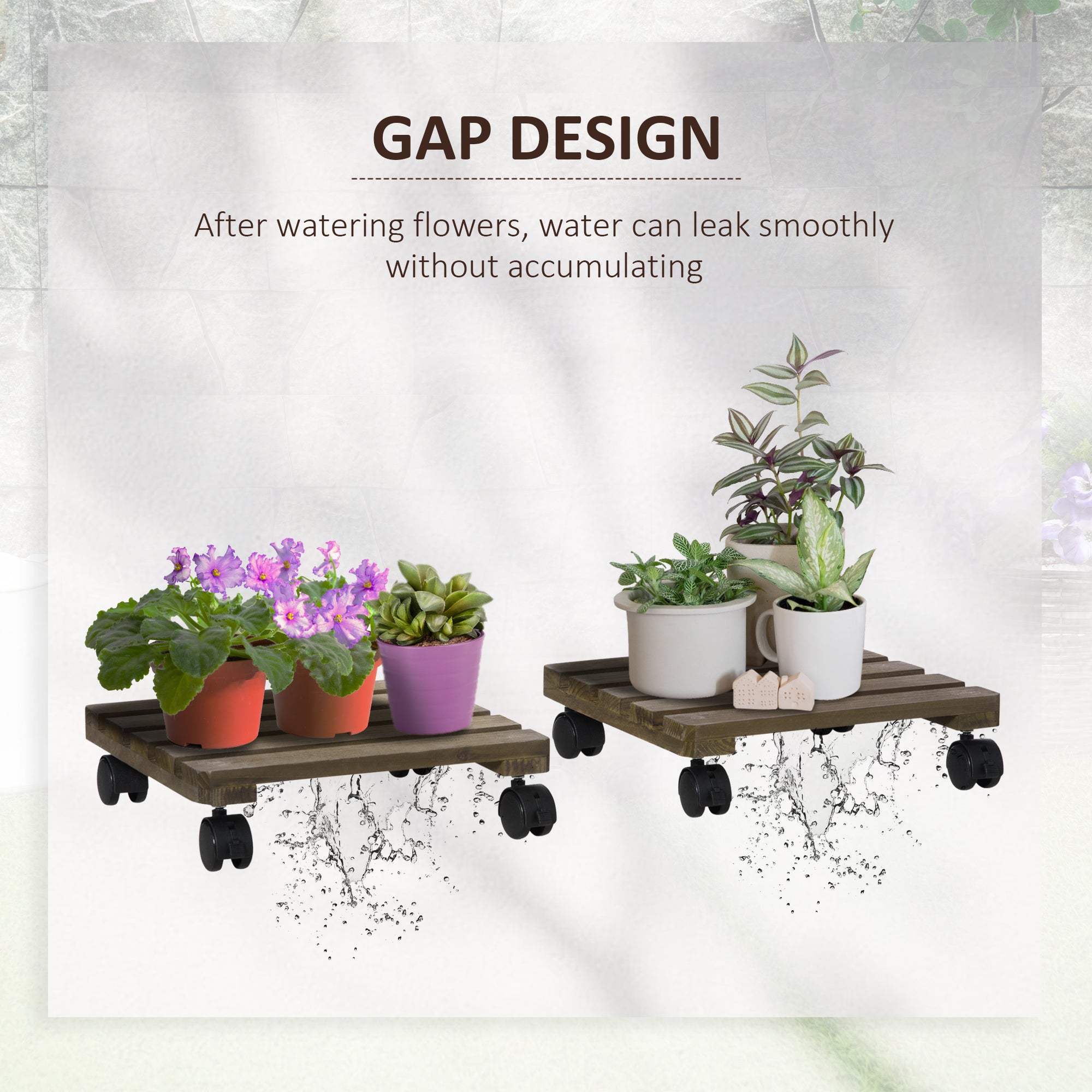 Outsunny 30L x 30W x 7Hcm 2 Pack Plant Stand with Wheels, Flowerpot Holder, Wooden Flower Display Stand for Indoor Outdoor Living Room Entryway - North Peak Garden Furniture