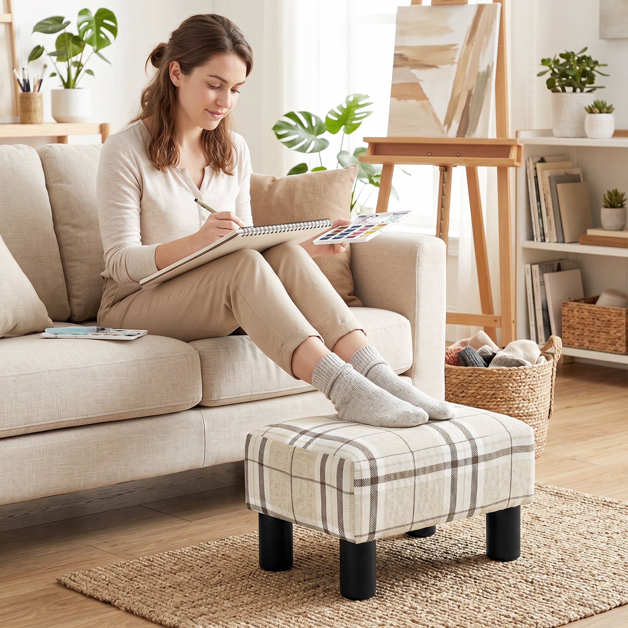 HOMCOM Linen Fabric Footstool Ottoman Cube with 4 Plastic Legs, Multi-colored