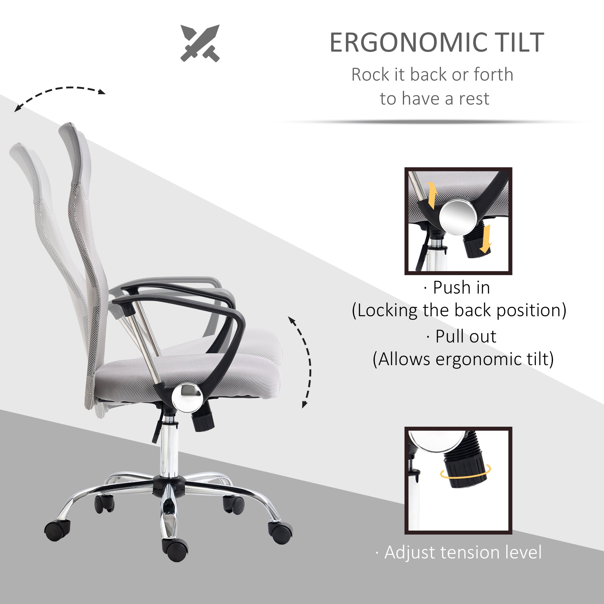 Vinsetto Ergonomic Office Chair Mesh Chair with Adjustable Height Tilt Function Light Grey - North Peak Garden Furniture