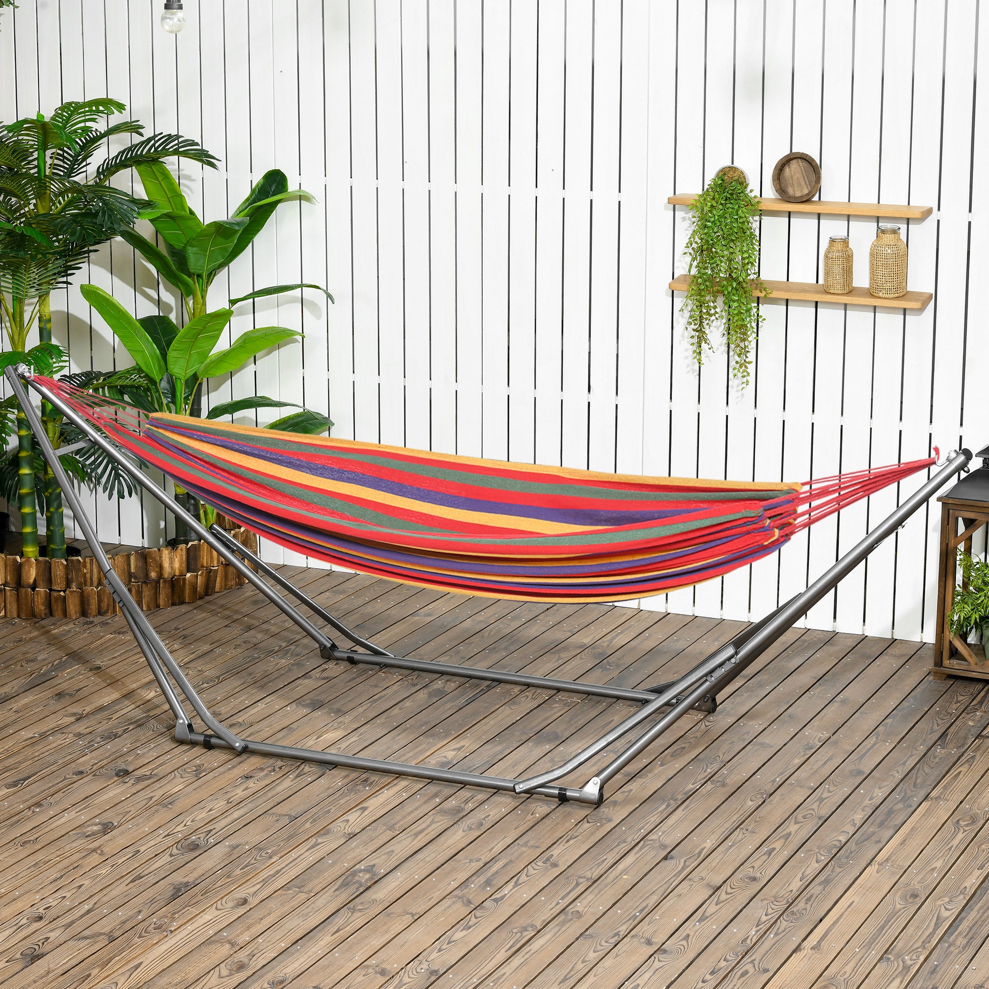 Outsunny Foldable Hammock Stand, Portable Hammock with Metal Frame, 2 in 1 Hammock Net Stand, Clothes Drying Rack, Load Capacity 120kg, for Patio, Garden, Yard, Black - North Peak Garden Furniture
