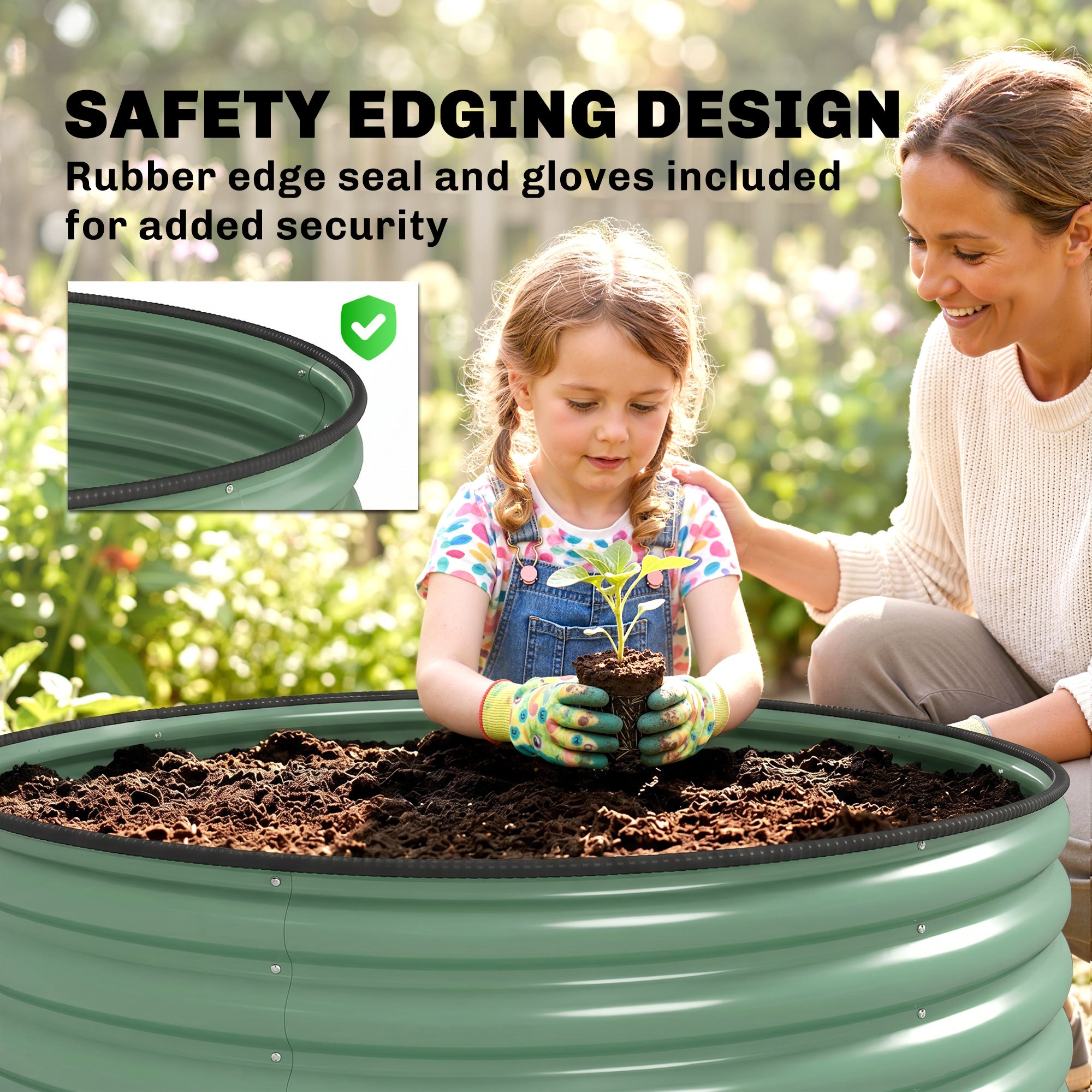Outsunny Galvanised Raised Garden Bed with Safety Edging, Outdoor Raised Planter Box with Gloves, 120 x 120 x 43cm, Light Green