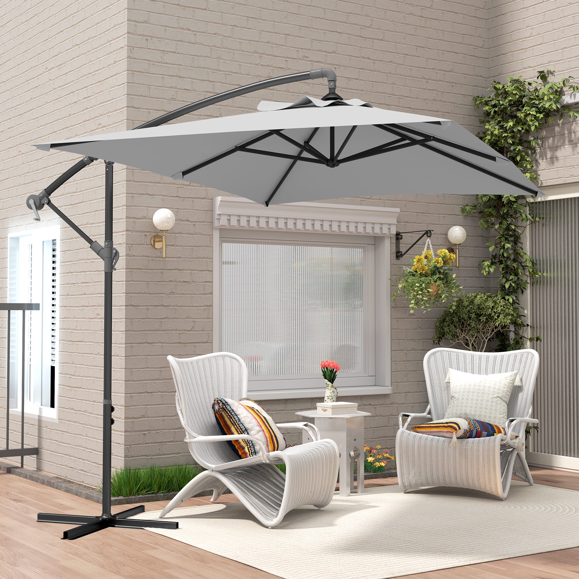 Outsunny 3(m) Cantilever Overhanging Parasol, with Cross Base - Light Grey - North Peak Garden Furniture