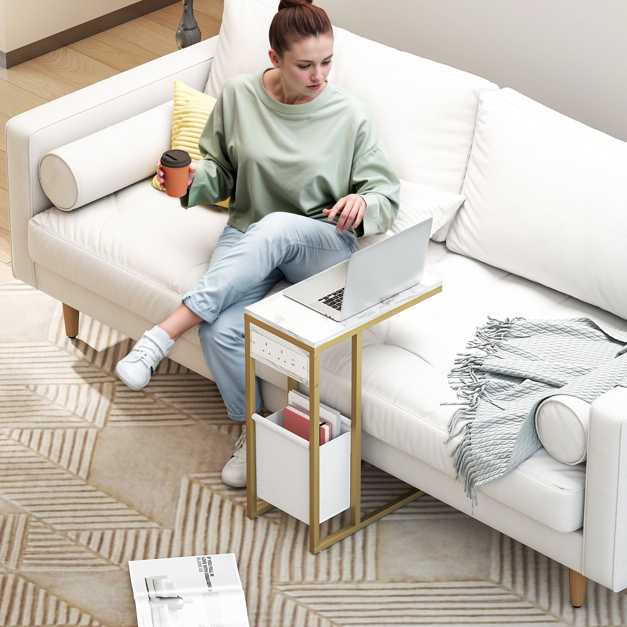 HOMCOM C Shaped Side Table with Charging Station and Faux Marble Top - White - North Peak Garden Furniture