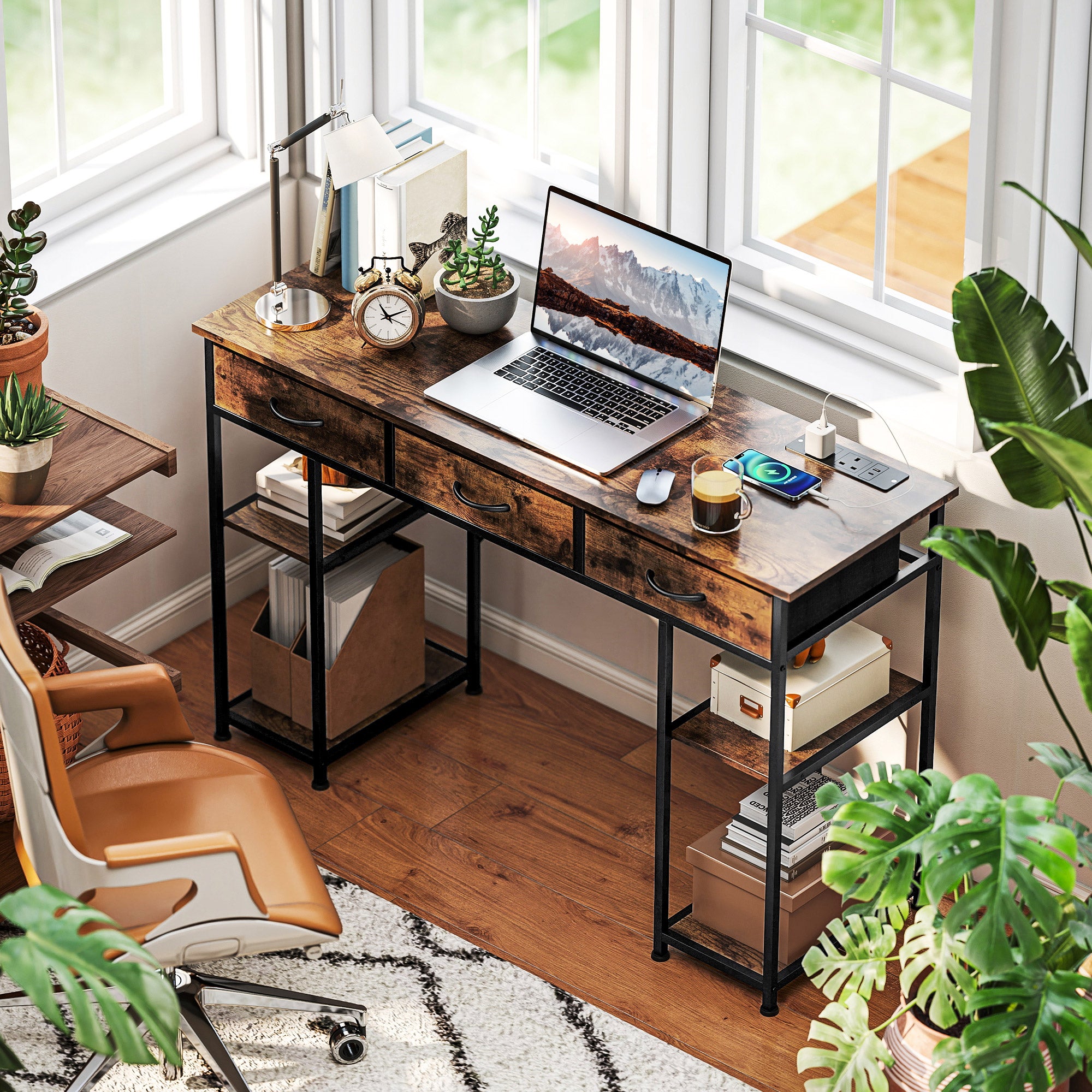 HOMCOM 120cm Computer Desk with Power Outlets, Office Desk Study Table with Fabric Drawers and Storage Shelves, Rustic Brown - North Peak Garden Furniture