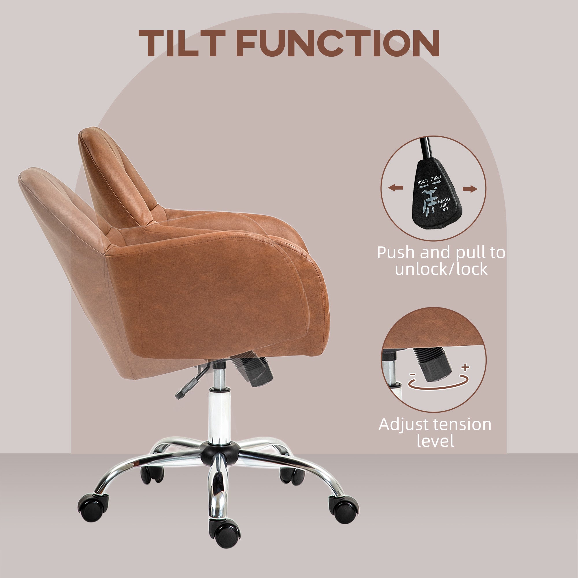 HOMCOM Faux Leather Tub Office Chair, with Wheels - Brown - North Peak Garden Furniture