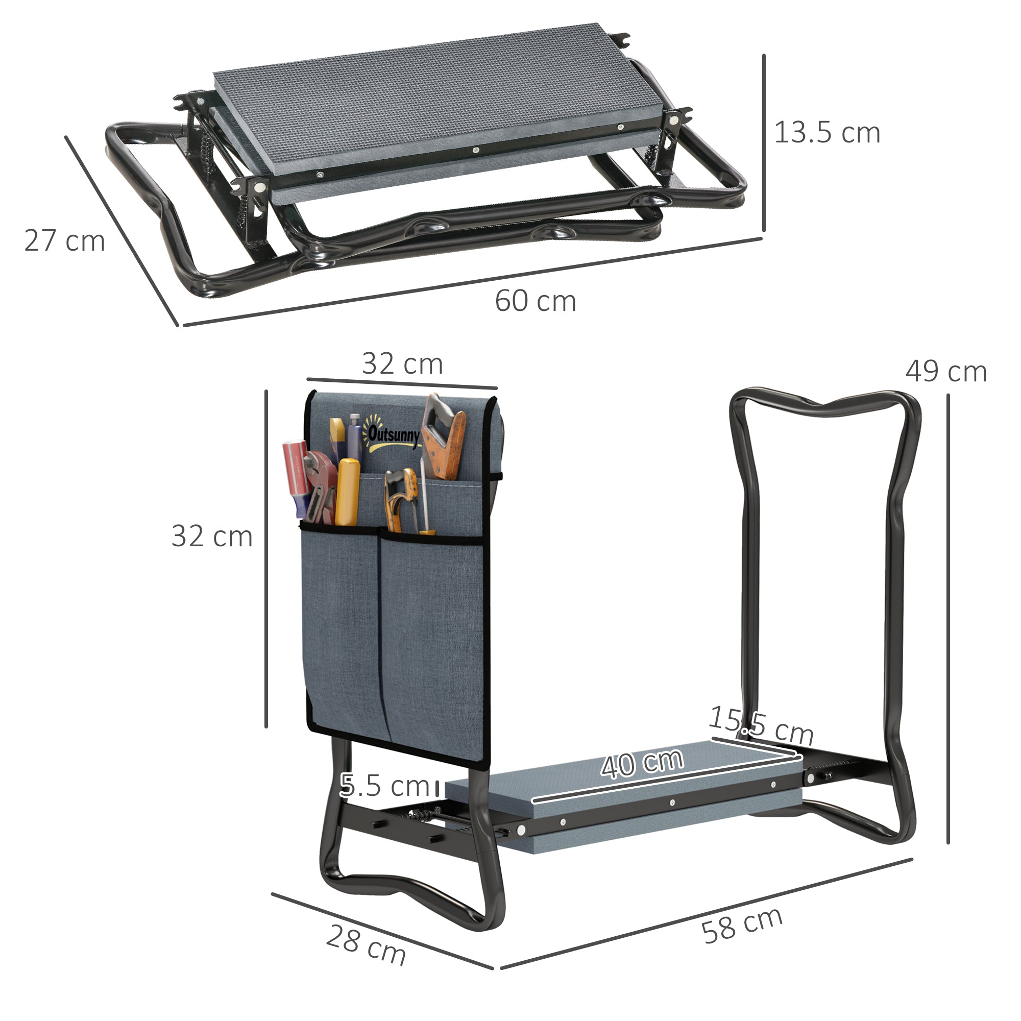 Outsunny 2 in 1 Garden Kneeler Seat, Kneeling Pad Support Bench, Foldable Knee Protector with Tool Bag, Grey - North Peak Garden Furniture
