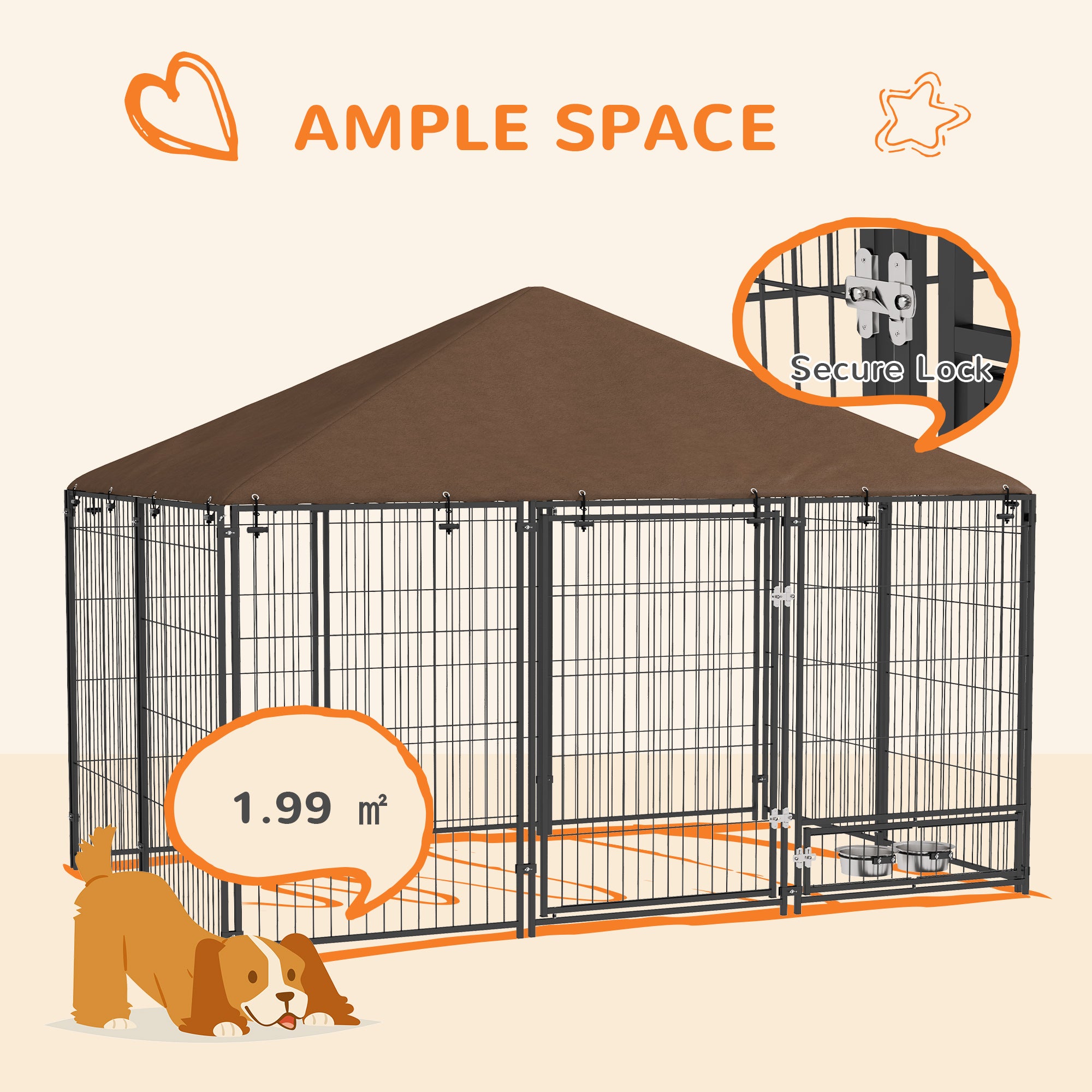 PawHut Outdoor Dog Kennel Puppy Play Pen with Canopy Garden Playpen Fence Crate Enclosure Cage Rotating Bowl 211 x 141 x 151 cm - North Peak Garden Furniture