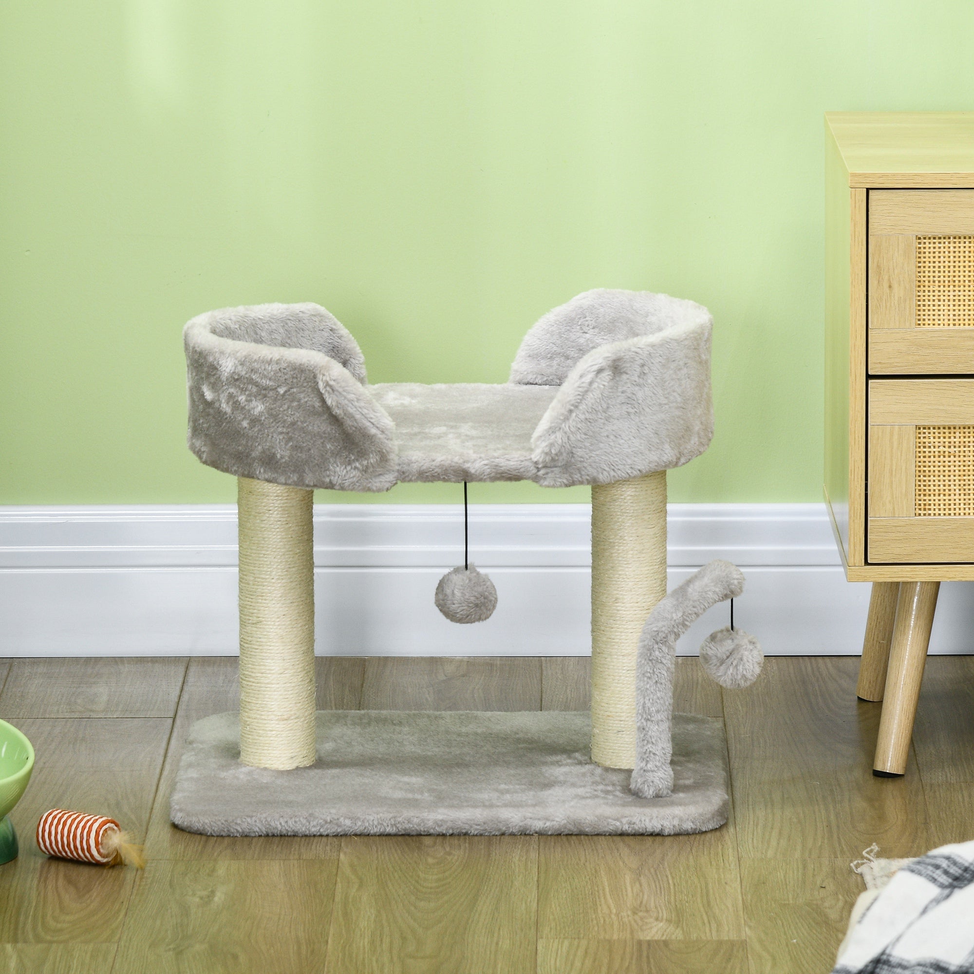 PawHut 42cm Indoor Cat Tree, with Toy Balls, Sisal Scratching Post - Light Grey - North Peak Garden Furniture