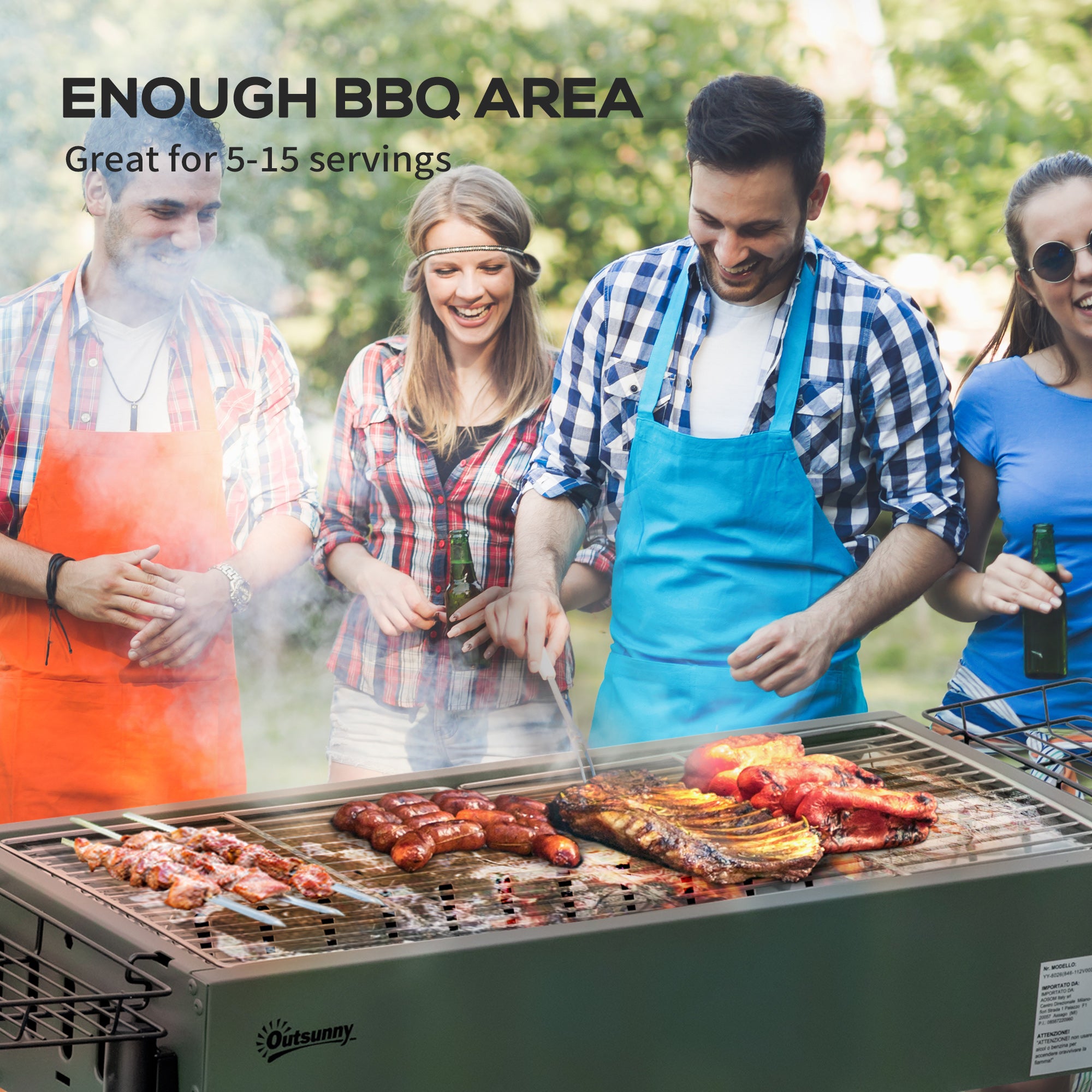 Outsunny Portable Charcoal Barbecue BBQ Grill with Seasoning Baskets and Hooks, Compact Stainless Steel Cooker for Camping Picnic Hiking Garden Party Festival - North Peak Garden Furniture