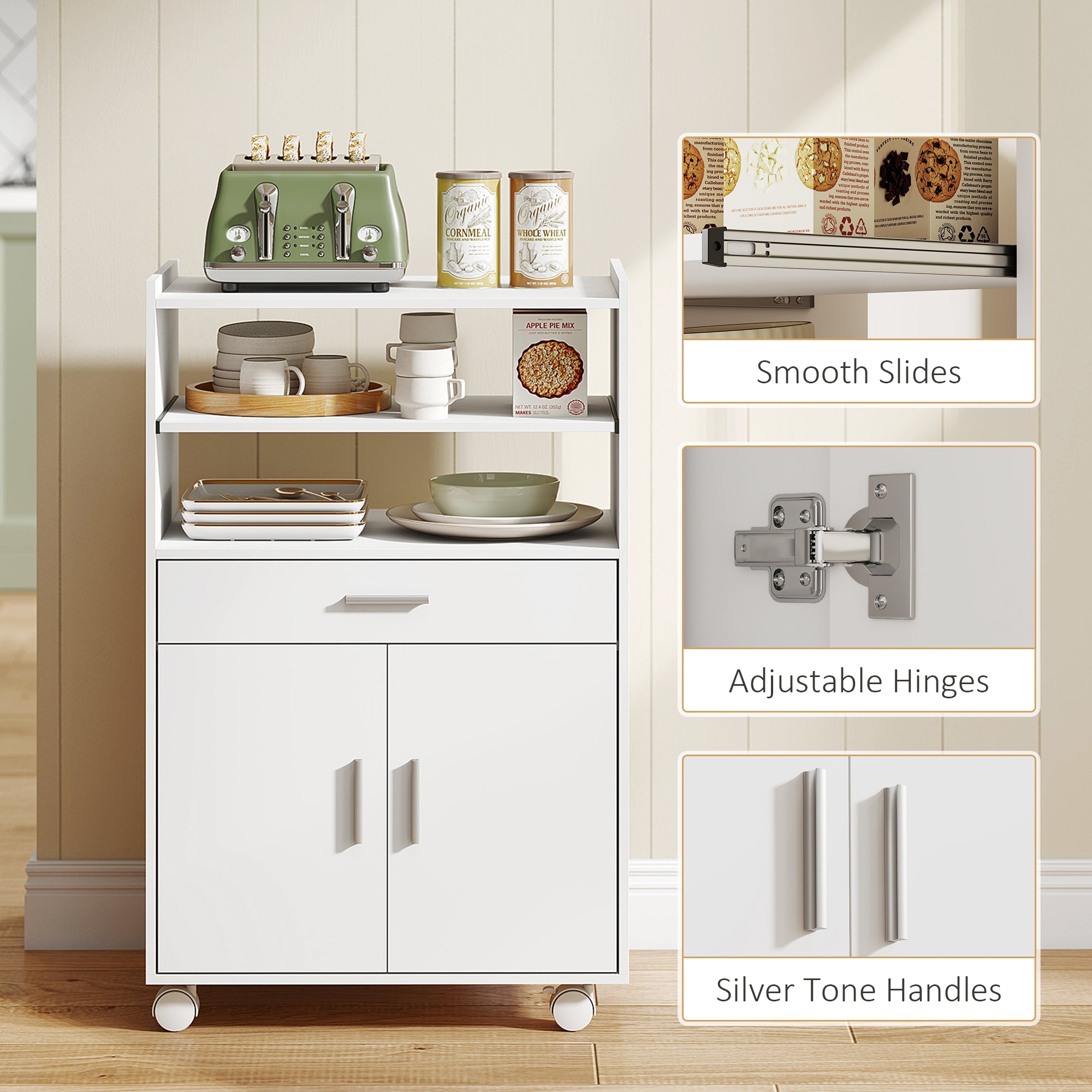 HOMCOM Kitchen Trolley with Wheels, Modern Mobile Microwave Stand with Slide-Out Shelf, Drawer and 2 Doors for Dining Room
