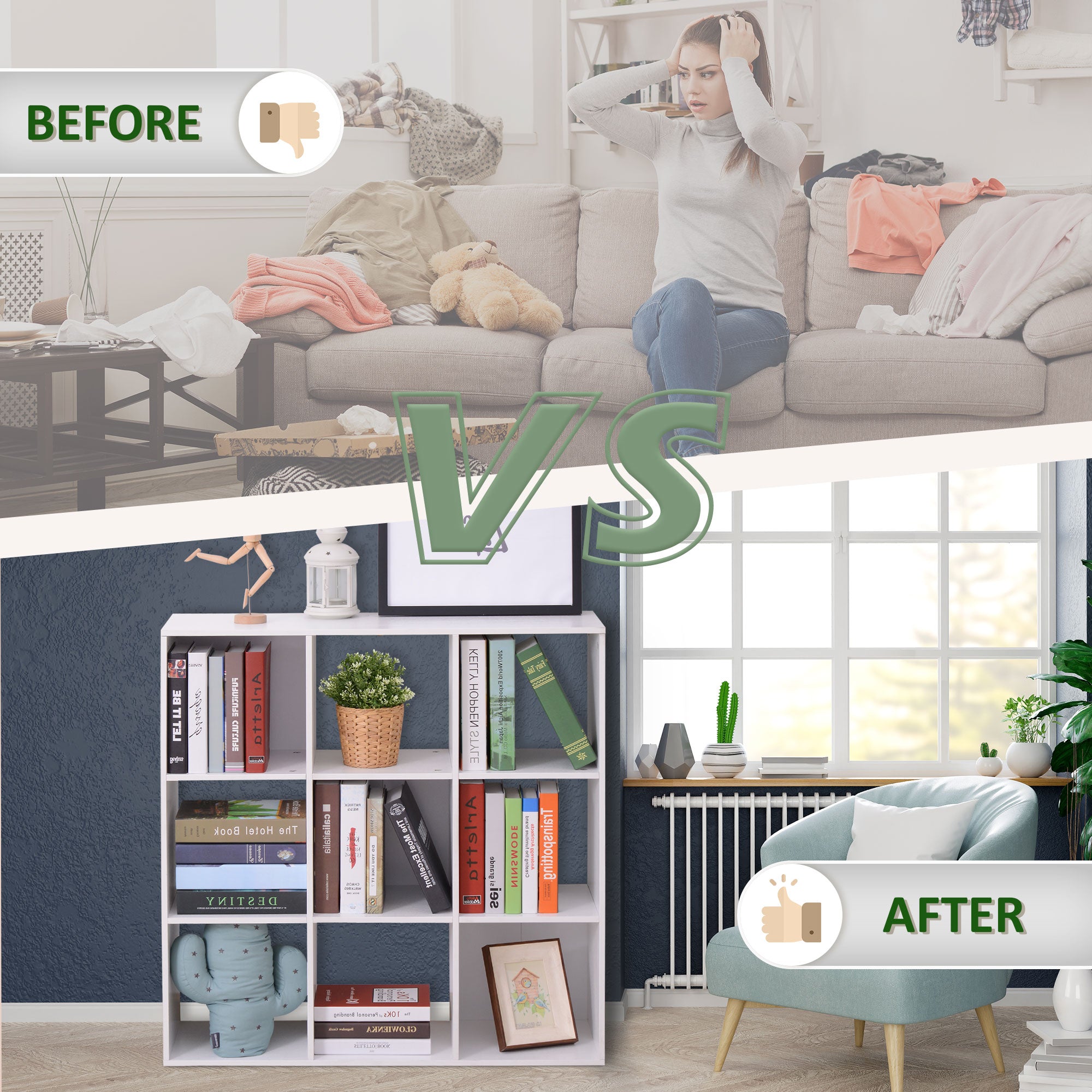 HOMCOM Wooden 9 Cube Storage Cabinet Unit 3 Tier Bookcase Shelves Organiser Rack Display - White - North Peak Garden Furniture
