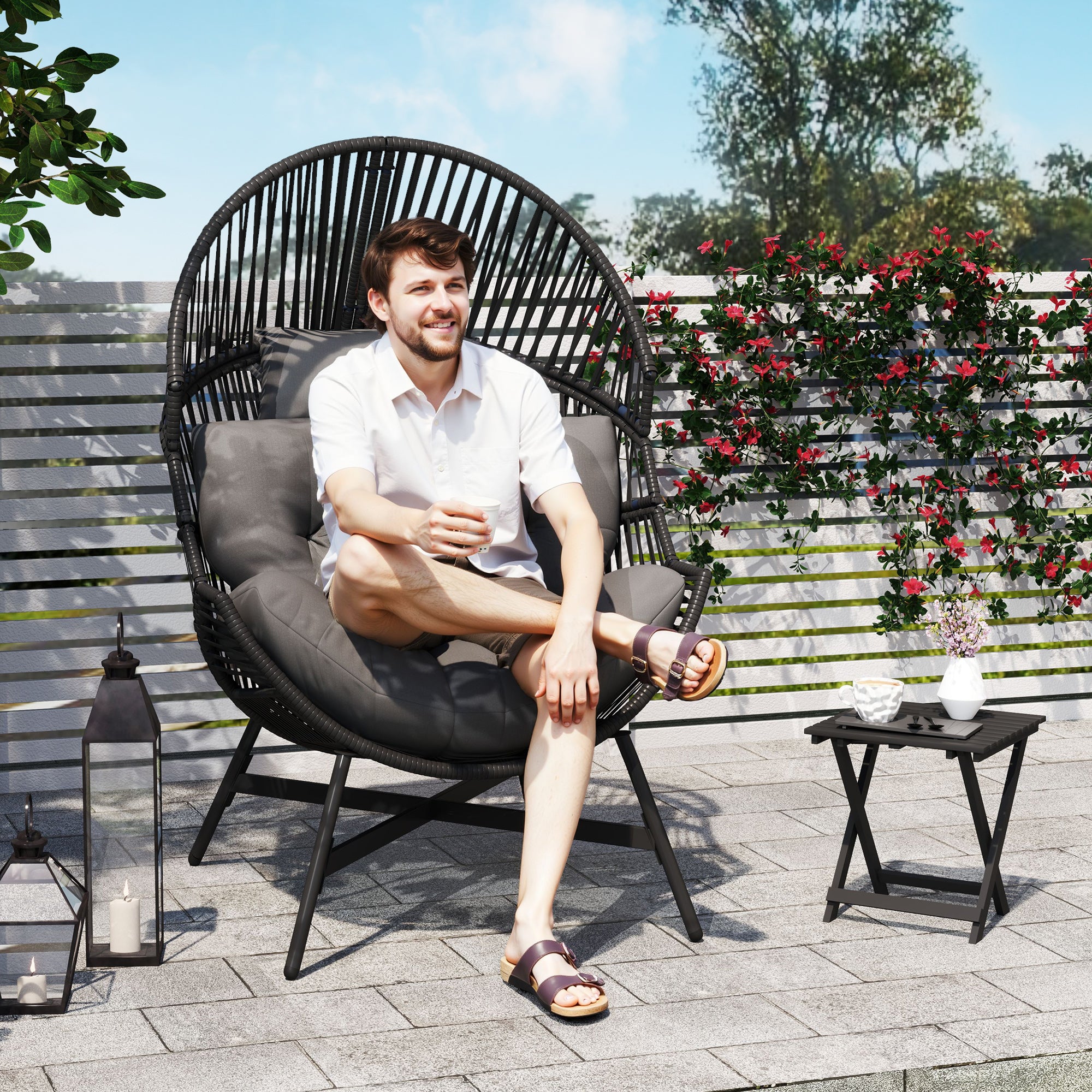 Outsunny Standing Rattan Egg Chair Outdoor, Oversized Wicker Garden Egg Chair with Thick Tufted Cushion, Headrest, Steel Frame, Charcoal Grey - North Peak Garden Furniture