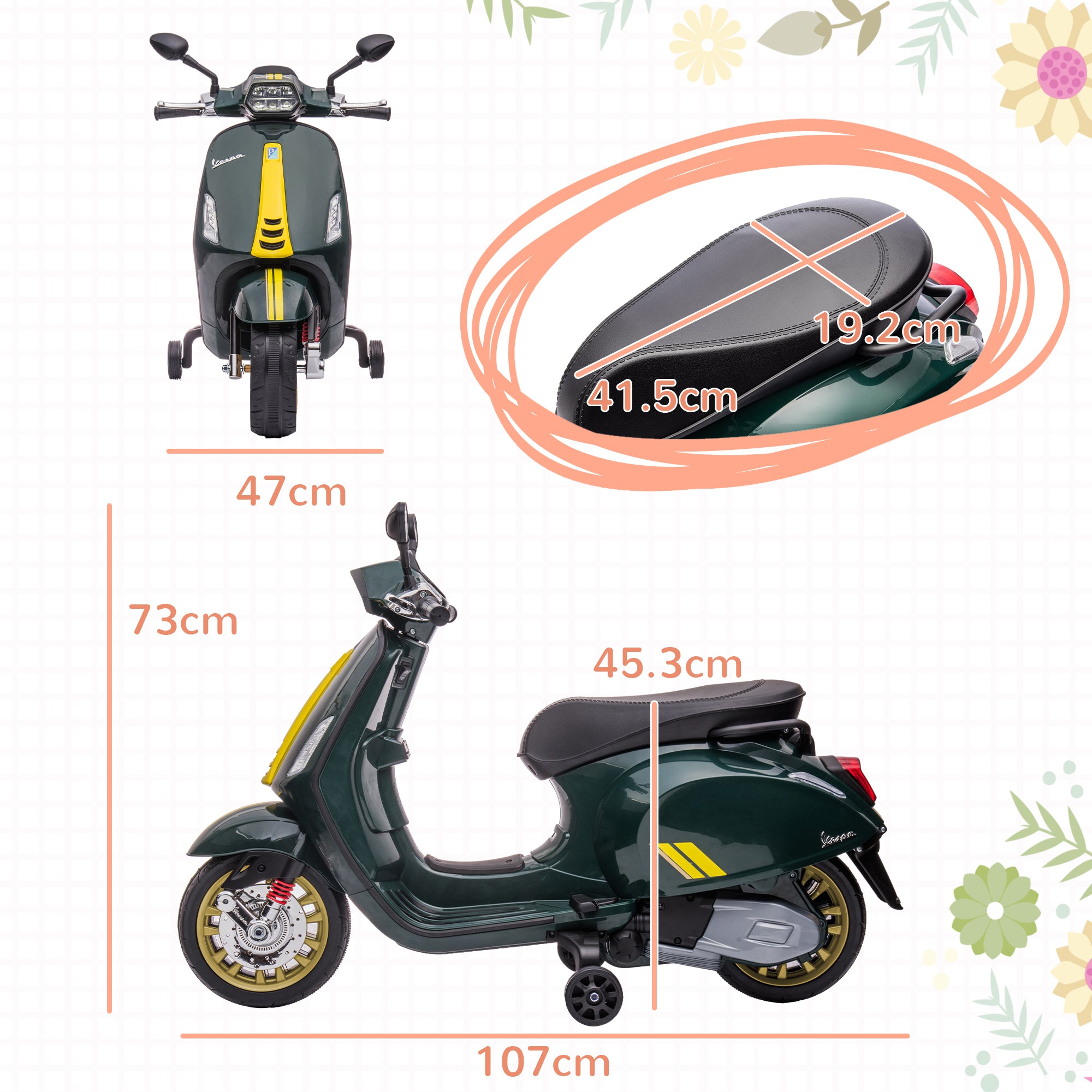 AIYAPLAY 12V Vespa Licensed Kids Electric Motorbike w/ Music, Headlights, FM Radio, for 3-6 Years - Green - North Peak Garden Furniture