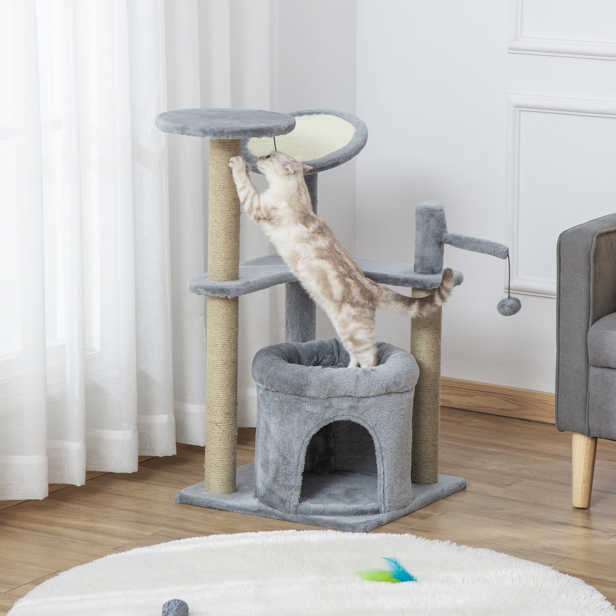 PawHut 87 cm Cat Tree for Indoor Cats, Kitten Tree Tower with Scratching Posts Pad, Cat Condo, Plush Perches, Hanging Ball - Grey