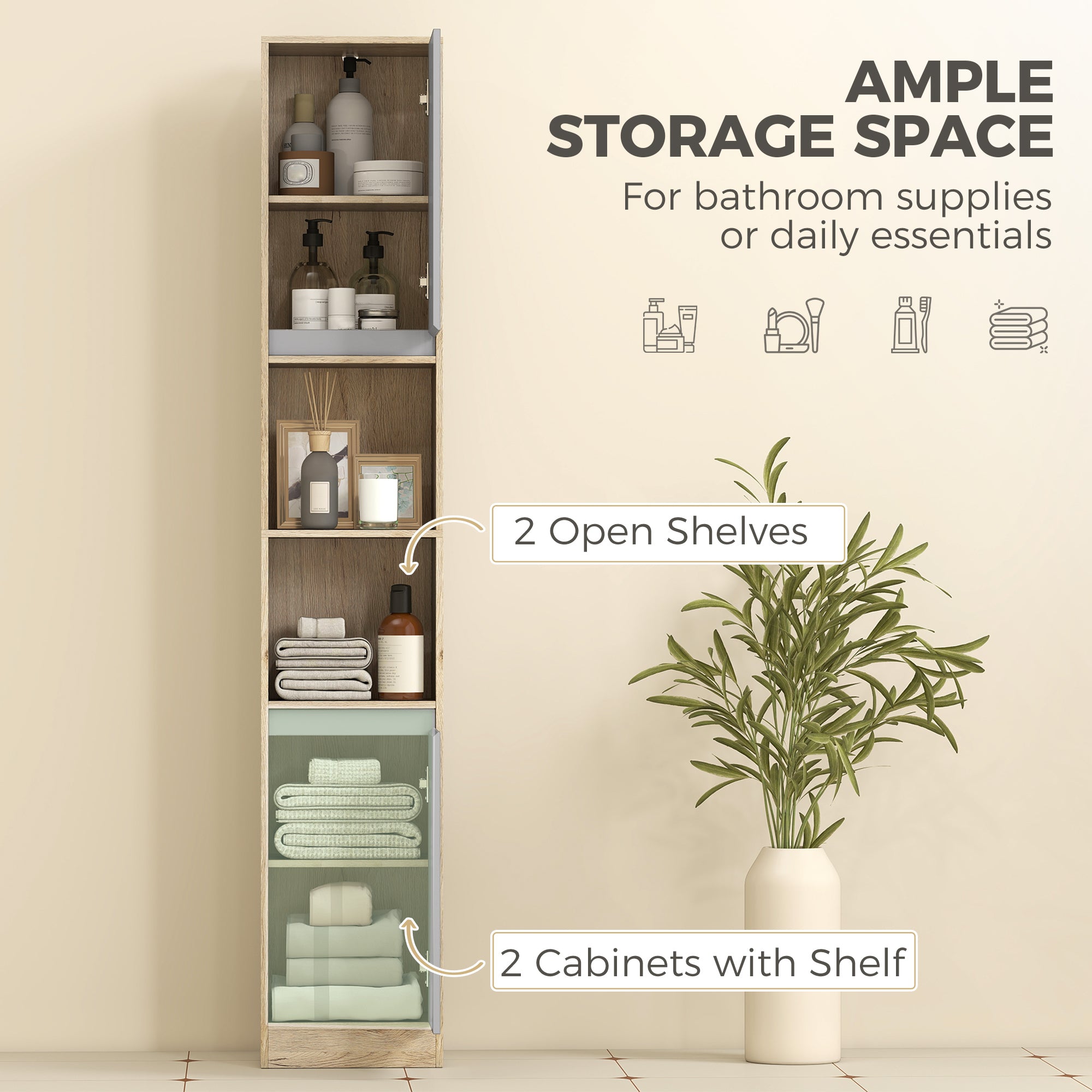 HOMCOM Freestanding Bathroom Storage Cabinet w/ 2 Cupboards 2 Compartments Home Organisation Anti-Tipping Elevated Base 30L x 24W x 170H cm Grey&Brown