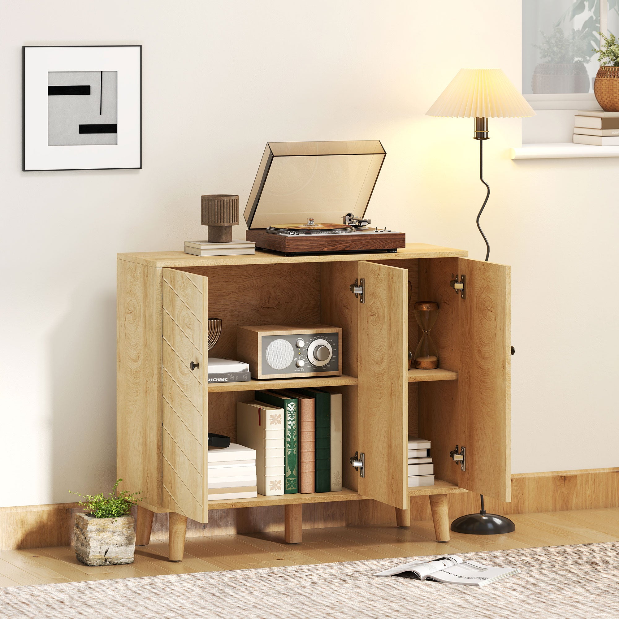 HOMCOM Vintage Sideboard with Chevron Doors and Pine Wood Legs for Living Room, Kitchen