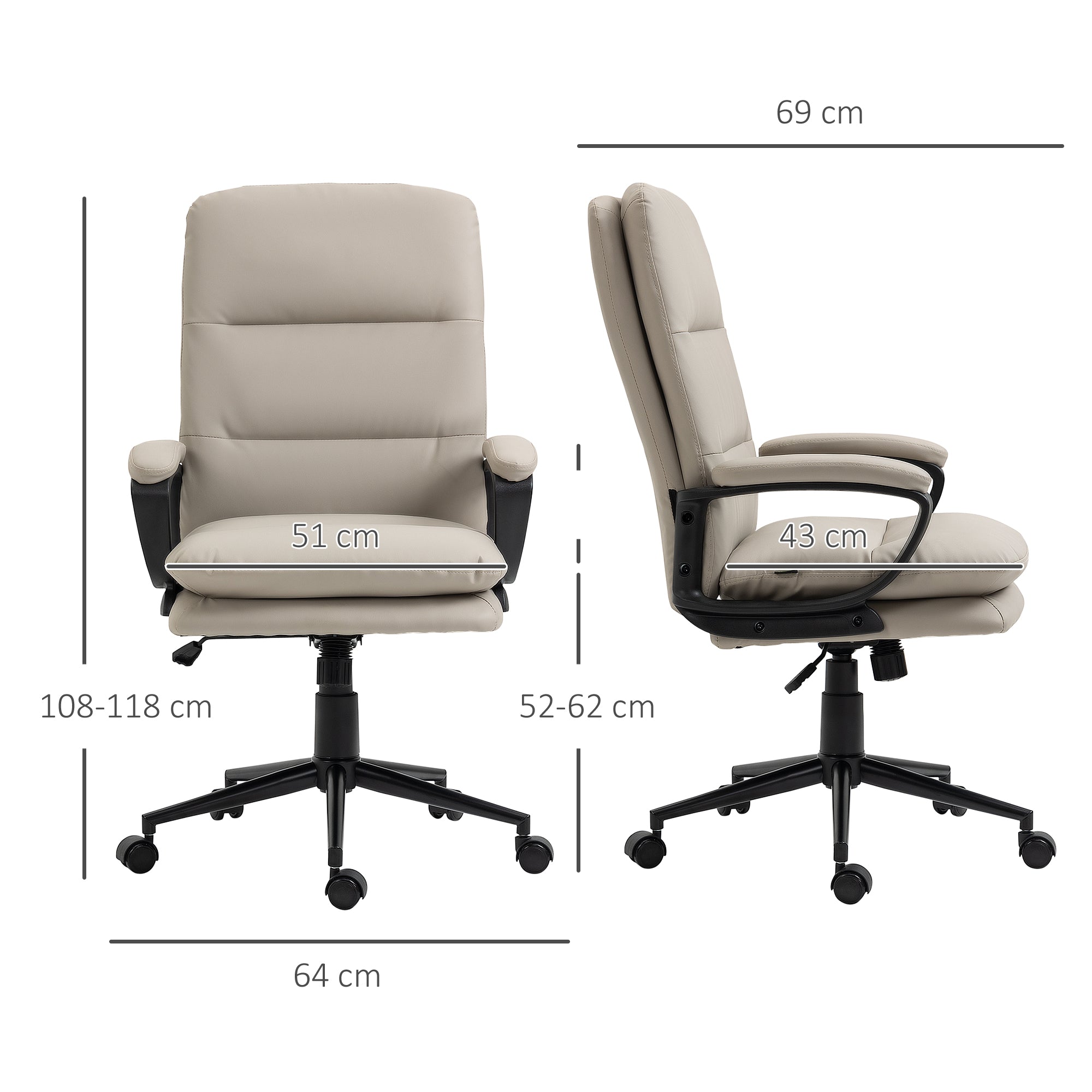 Vinsetto Ergonomic Computer Desk Chair, PU Leather Office Chair with Adjustable Height and Swivel Rolling Wheels for Work Study, Light Grey - North Peak Garden Furniture