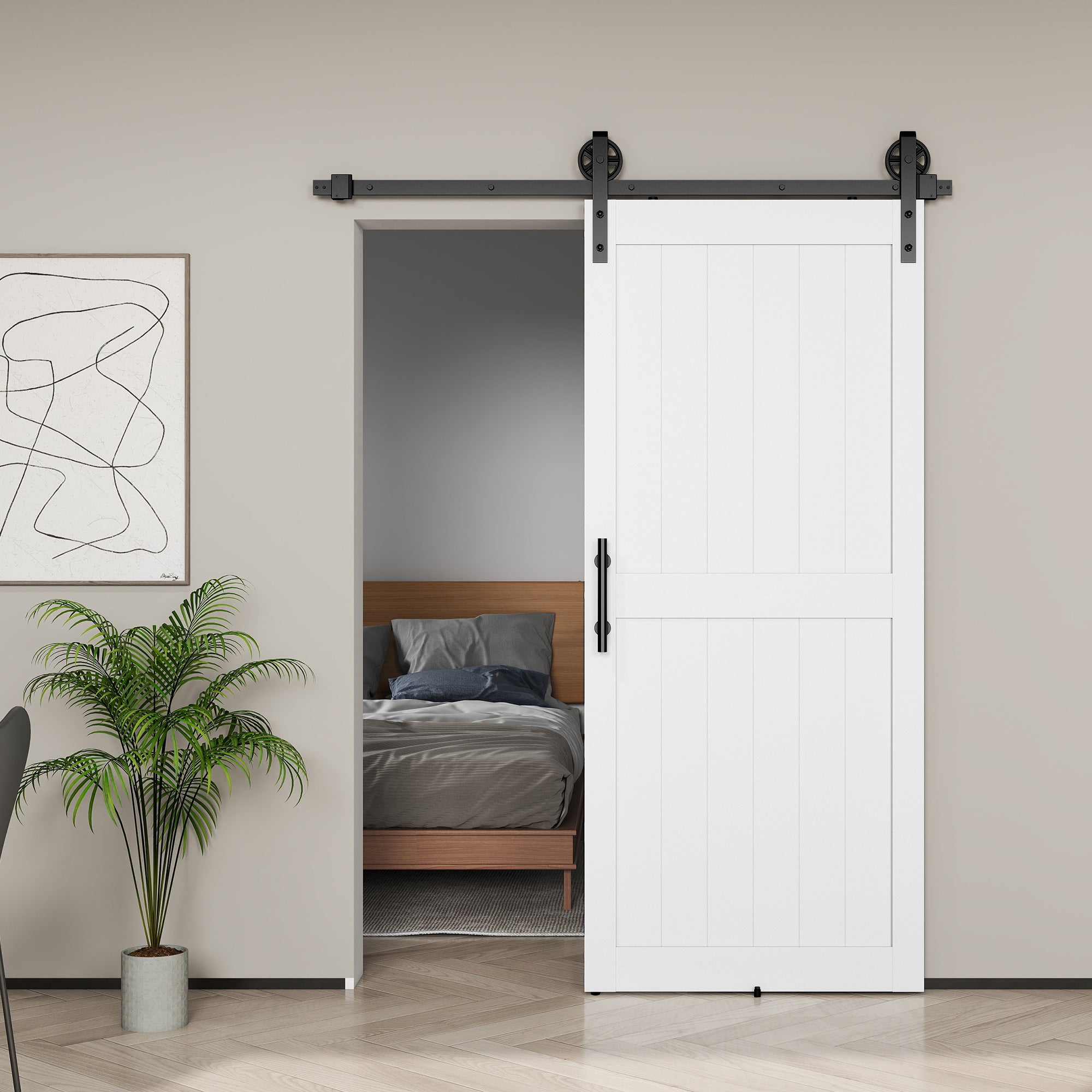 HOMCOM 183cm Sliding Barn Door Kit, Sliding Door with Track, Hardware, Upgraded Rollers and Floor Guide, Handle, White