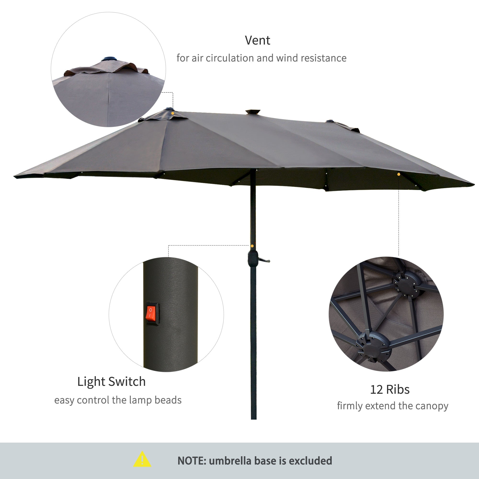 Outsunny 4.4m Double-Sided Sun Umbrella Patio Parasol LED Solar Lights Dark Grey - North Peak Garden Furniture