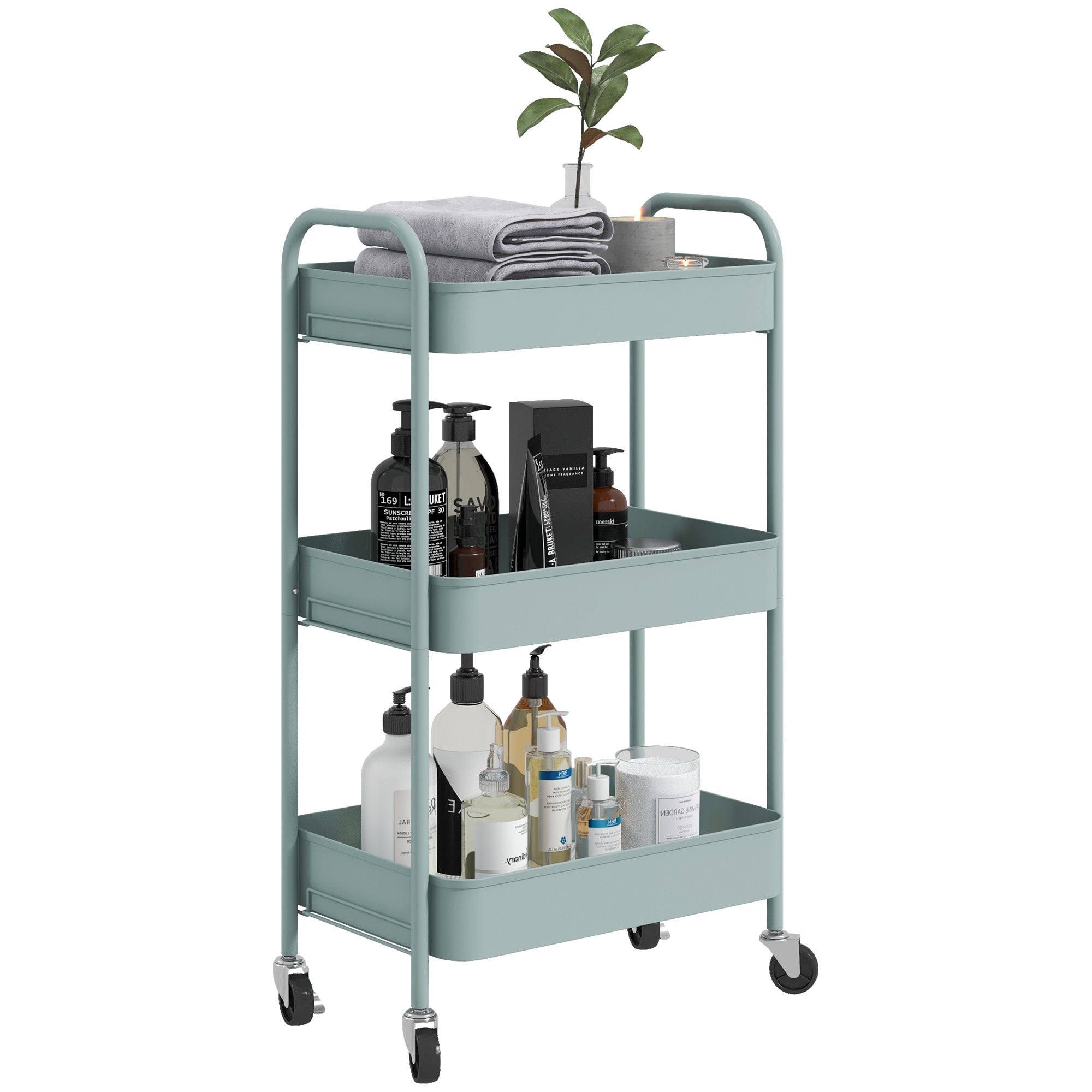 HOMCOM Three-Tier Steel Storage Trolley - Light Blue - North Peak Garden Furniture