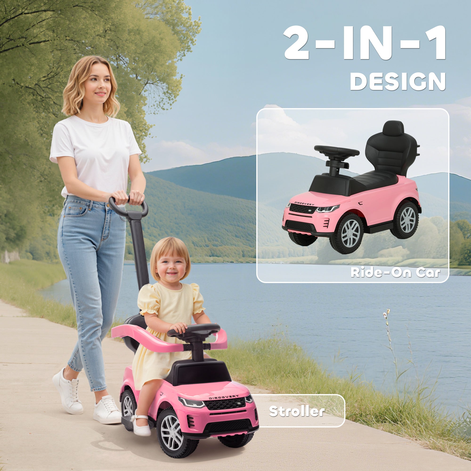 AIYAPLAY Land Rover Discovery Licensed Baby Push Car, 2-in-1 Ride on Car with Push Handle and Safety Guardrail, Pink