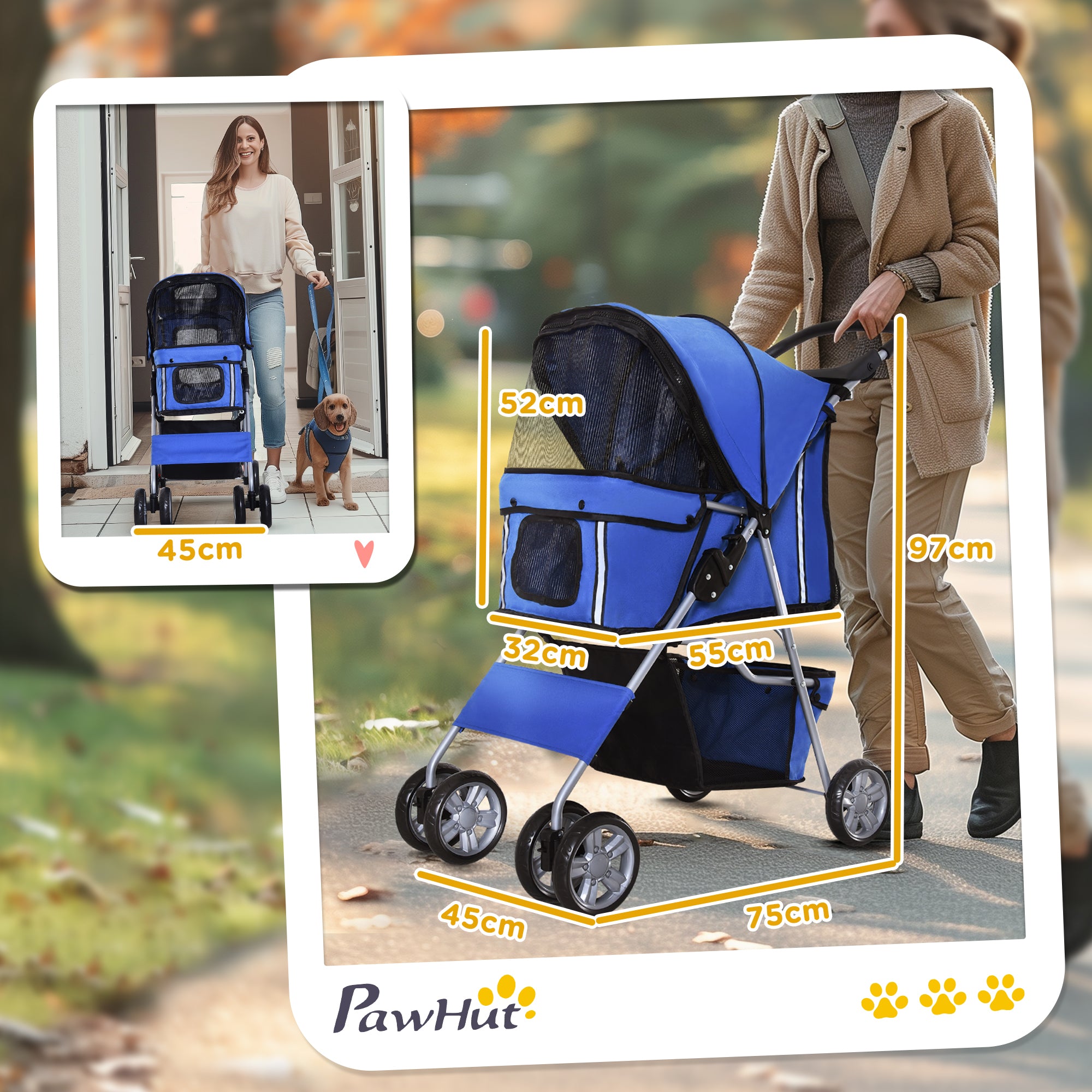 PawHut Pet Stroller for Small Miniature Dogs Cats Foldable Travel Carriage with Wheels Zipper Entry Cup Holder Storage Basket Blue - North Peak Garden Furniture