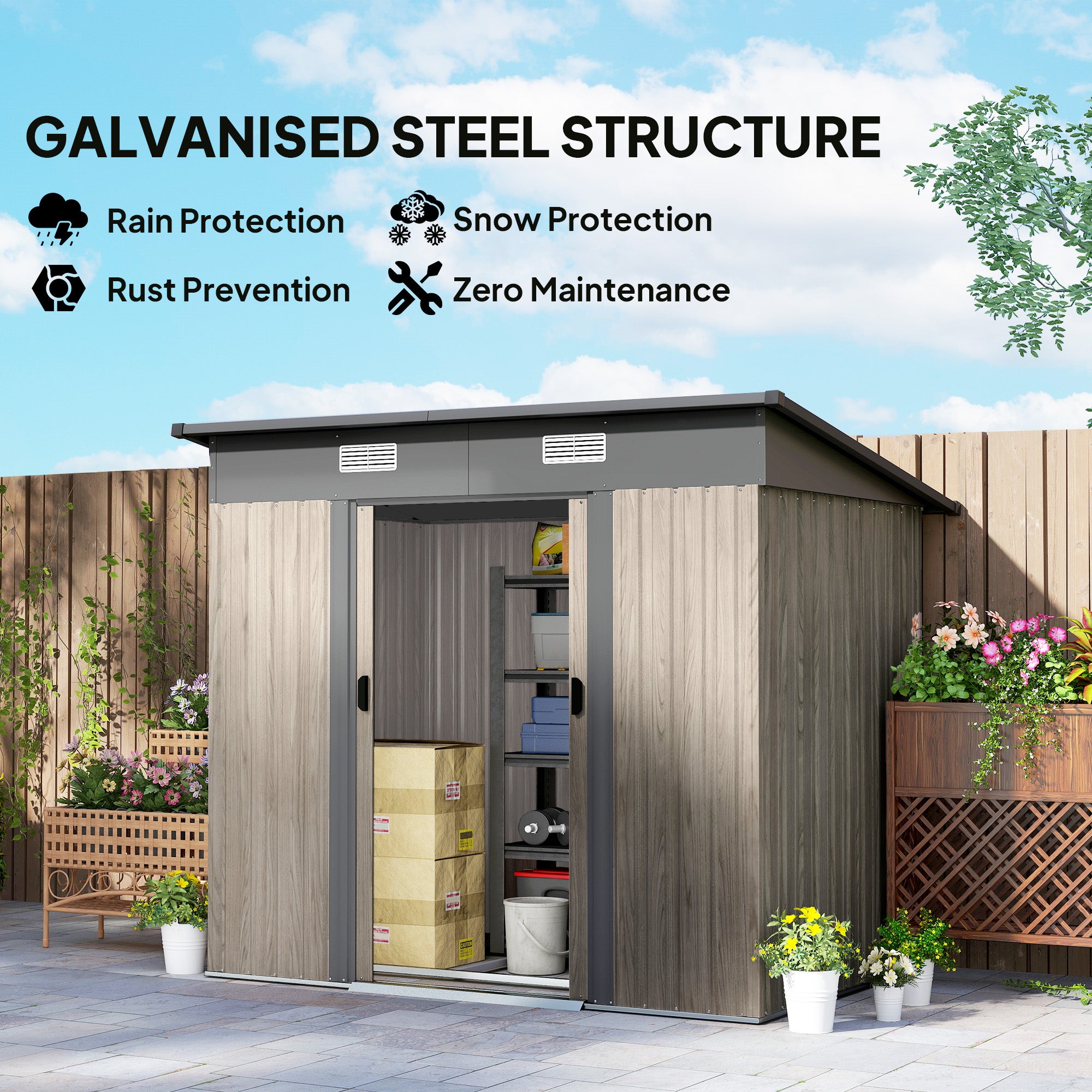 Outsunny Outdoor Garden Storage Shed - Grey Wood Grain - North Peak Garden Furniture