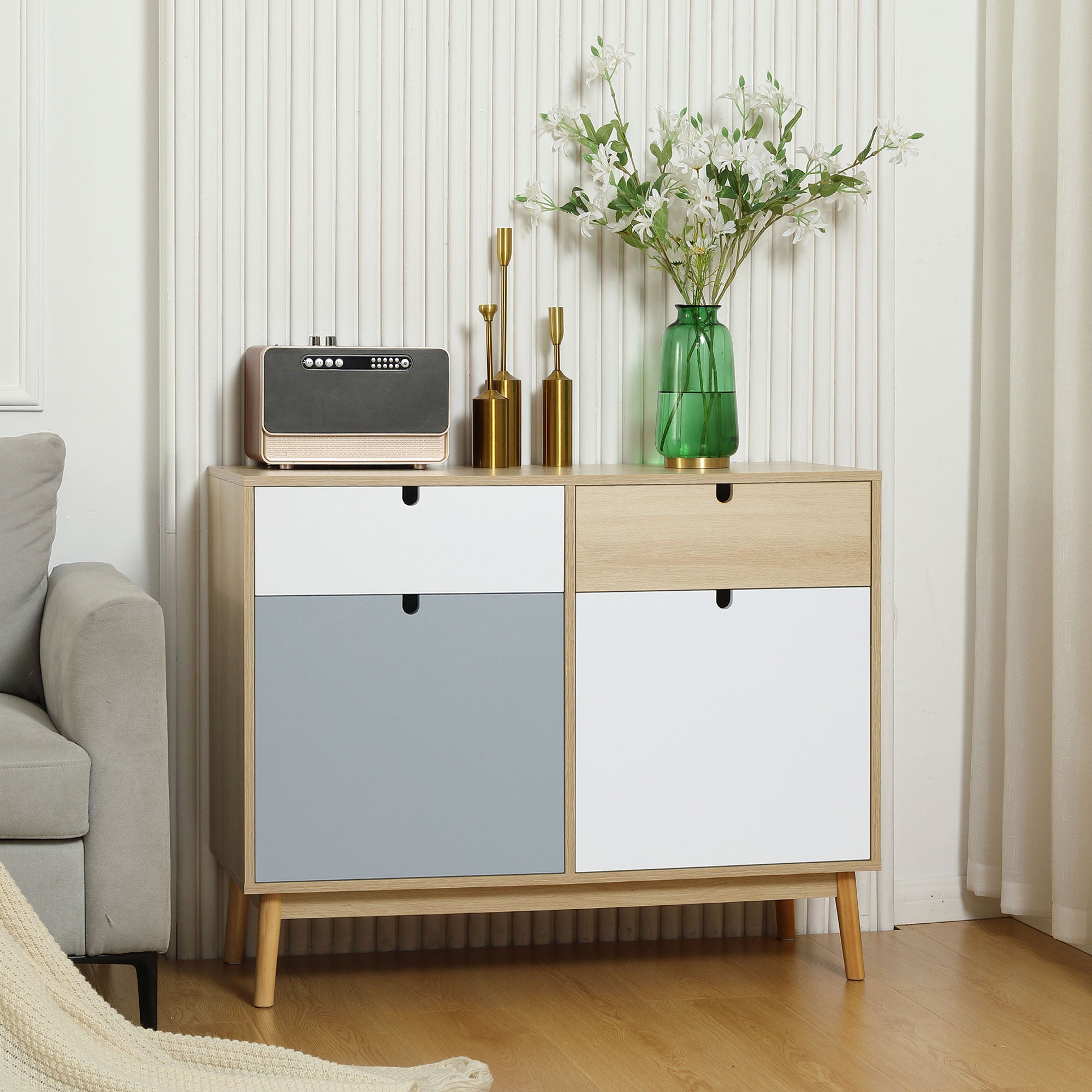 HOMCOM Sideboard, Kitchen Storage Cabinet with Drawers and Door Cupboards for Dining Room, Living Room, Entryway,100W x 40D x 79.5Hcm, Multicoloured - North Peak Garden Furniture