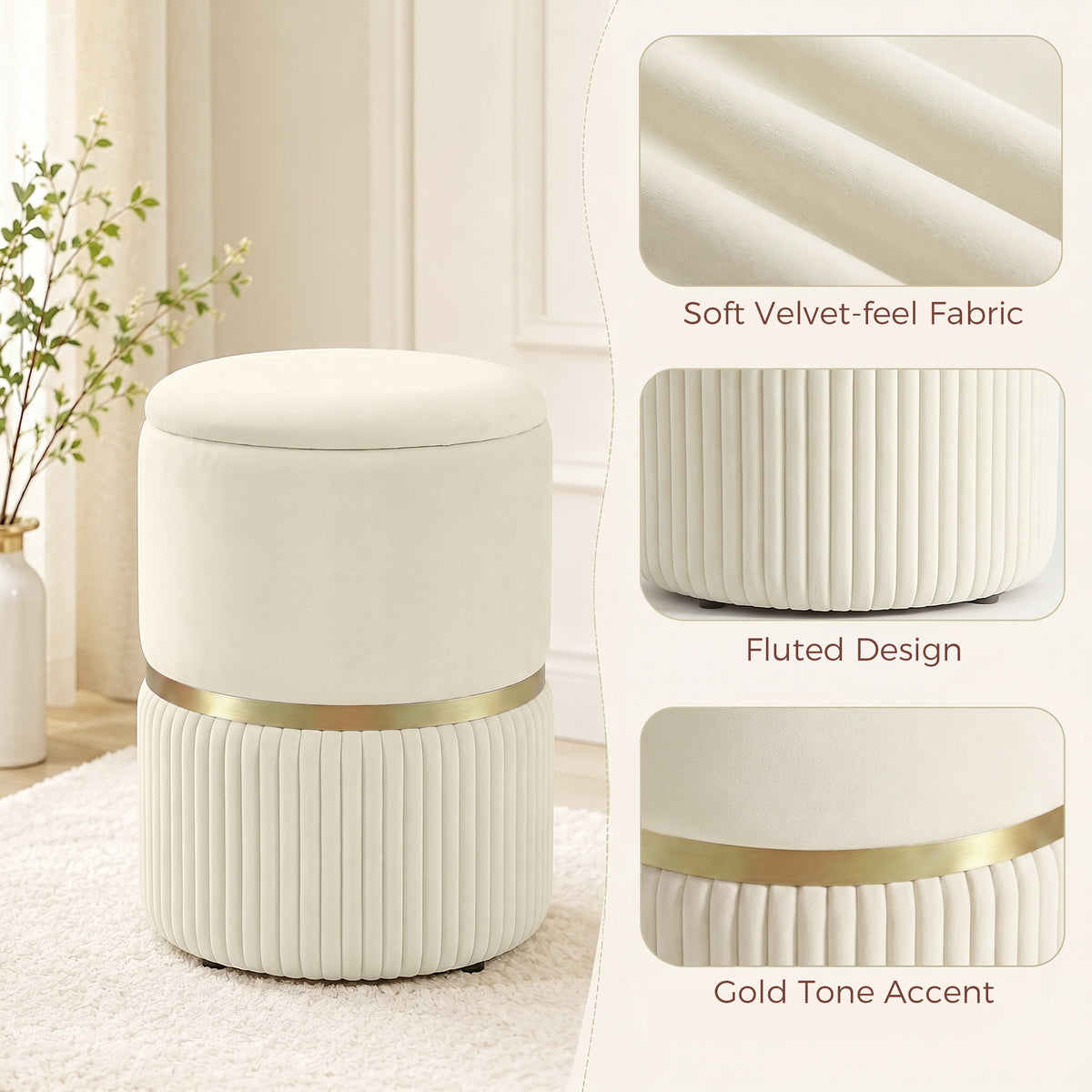 HOMCOM Round Storage Stool, Velvet-feel Fabric Upholstered Vanity Stool with Removable Top, Padded Seat and Hidden Space, Beige
