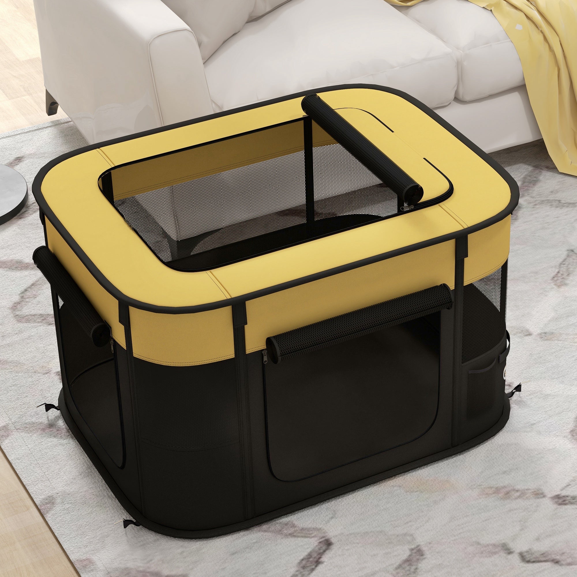 PawHut Foldable Dog Pen with Storage Bag for Indoor/Outdoor Use, Portable Pet playpen, with Ground Stakes - Yellow - North Peak Garden Furniture