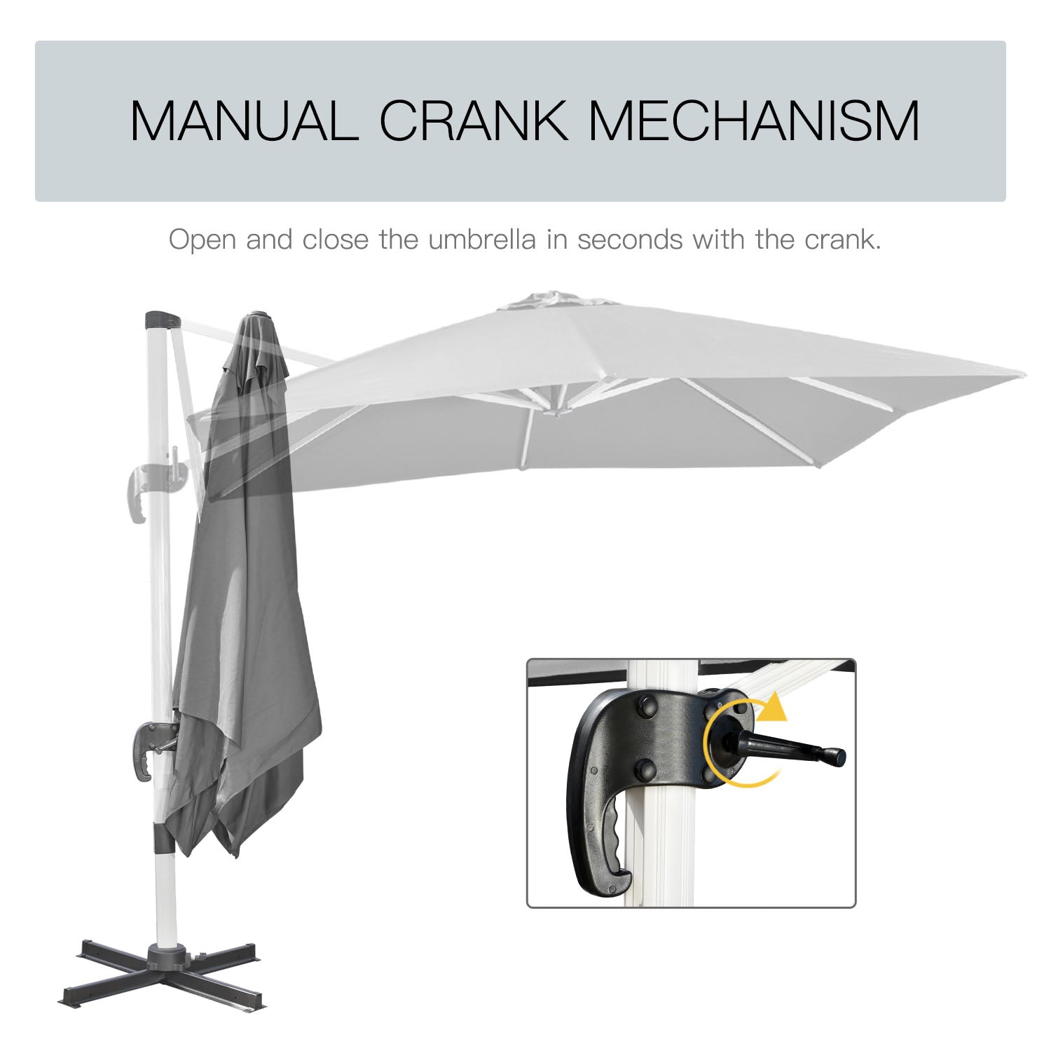 Outsunny 3 x 3(m) Cantilever Roma Parasol, Square Garden Umbrella with Cross Base, Crank Handle, Tilt, 360° Rotation and Aluminium Frame, Grey - North Peak Garden Furniture