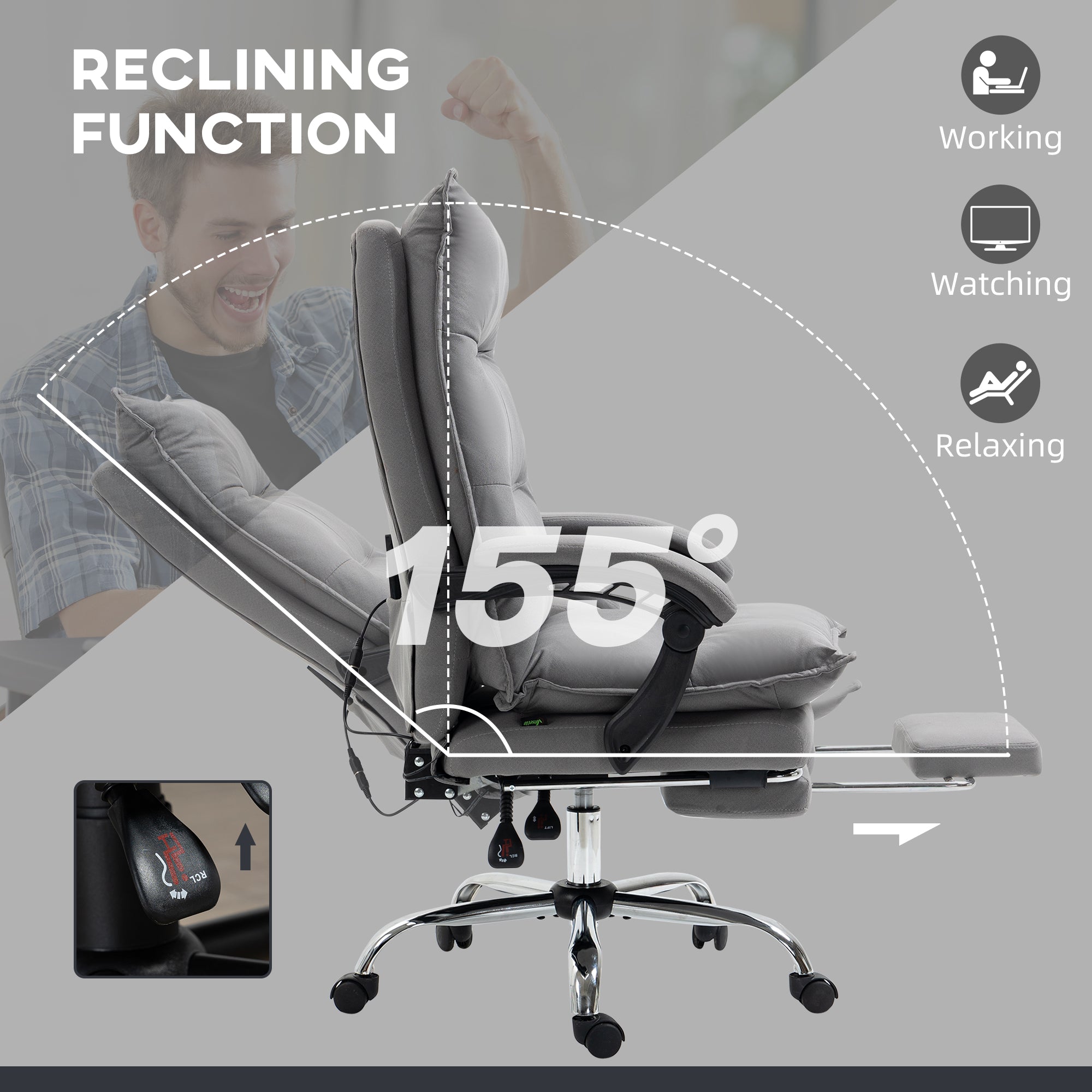 Vinsetto Massage Office Chair with Footrest, Desk Chair with 6 Point Massage and Heat, 155° Reclining Back for Home, Thick Padding, Grey - North Peak Garden Furniture