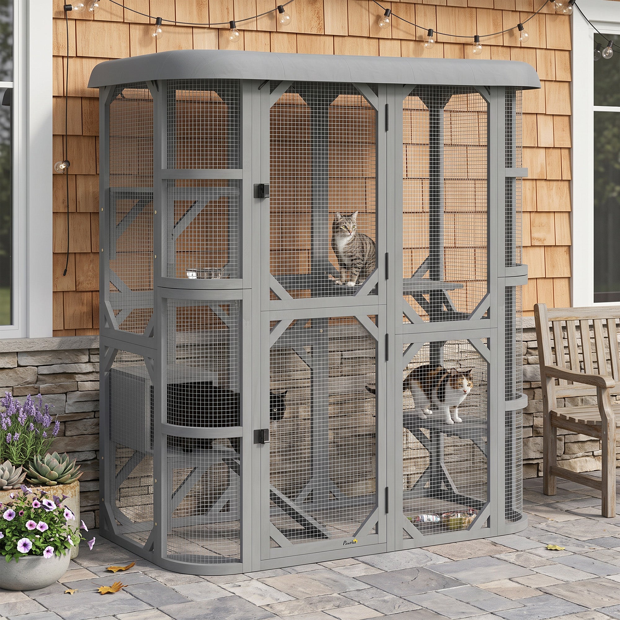 PawHut Catio Outdoor Cat Enclosure,  Wooden Cat House with Platforms, Condo and Waterproof Cover for 2–3 Kittens, Grey
