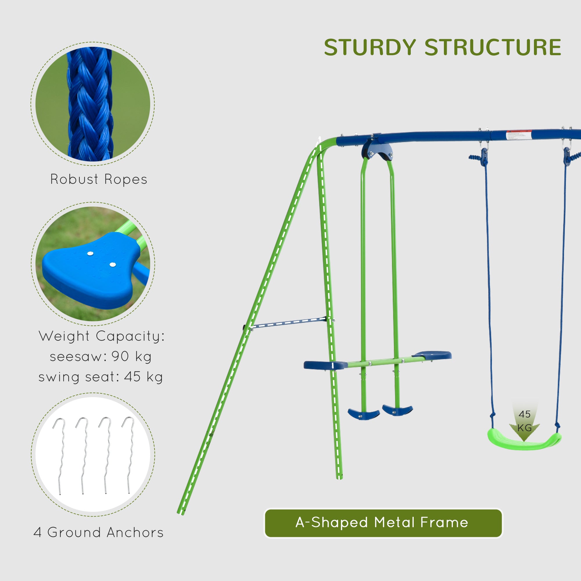 Outsunny Metal Garden Swing Set Height Adjustable Children Outdoor Backyard Play Set for Toddlers Over 3 Years Old, Green - North Peak Garden Furniture