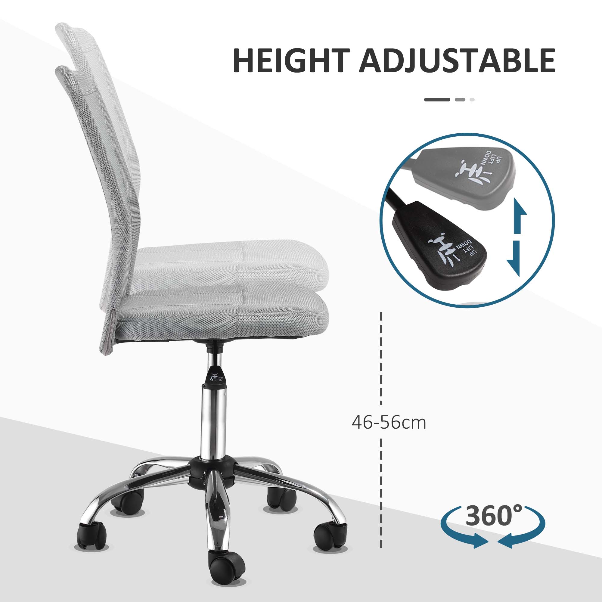 Vinsetto Office Chair, Armless Desk Chair, Adjustable Computer Swivel Chair with Rolling Wheels and Mesh Back for Home Work Study, Grey - North Peak Garden Furniture