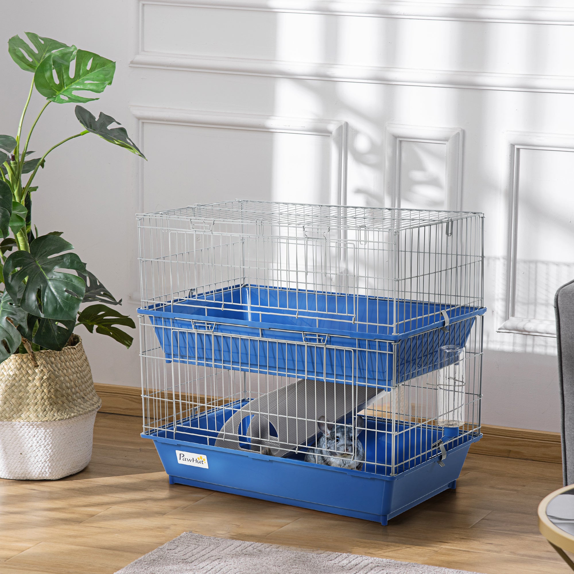 PawHut Small Animal Cage, Metal 2-Tier, Spacious, Secure, Easy Clean, Blue