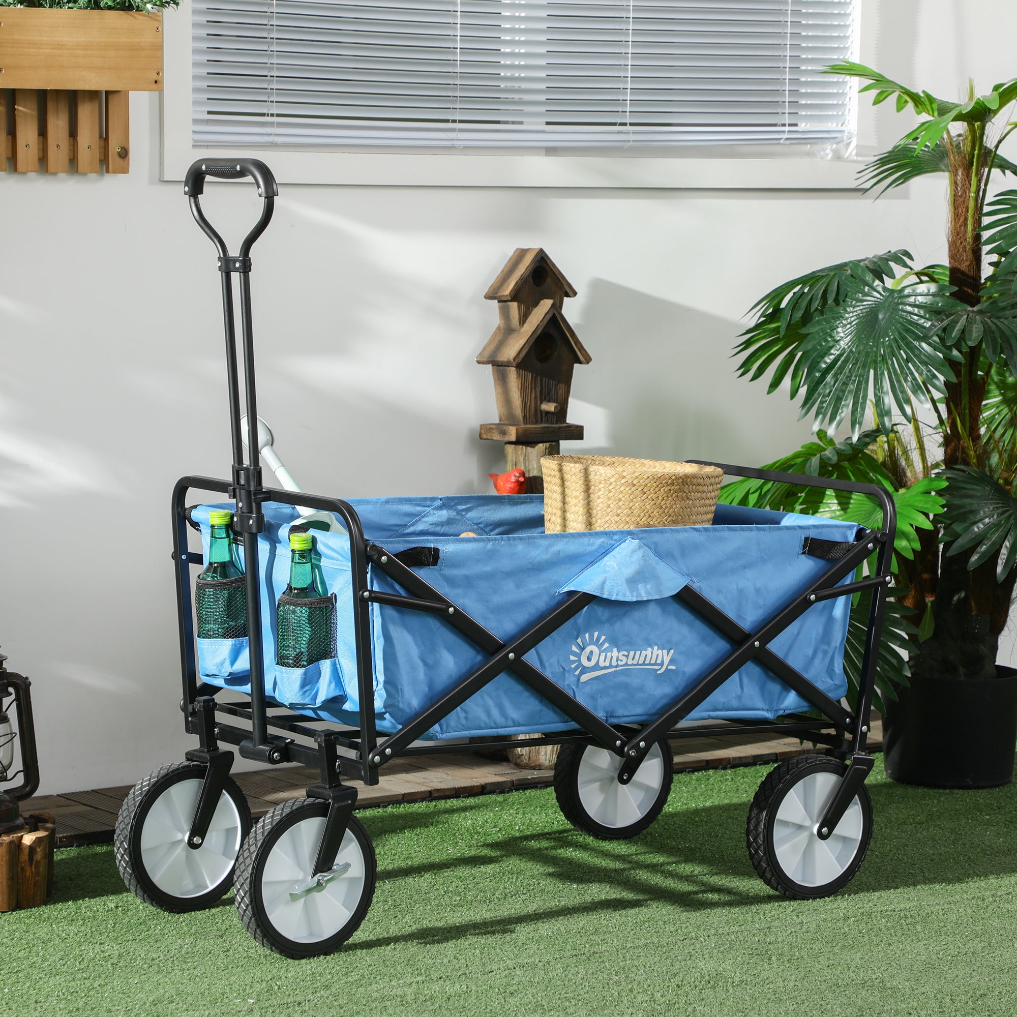 Outsunny 90L Folding Garden Trolley Cart Pull Along Wagon with Telescopic Handle for Beach Camping Festival - Blue - North Peak Garden Furniture