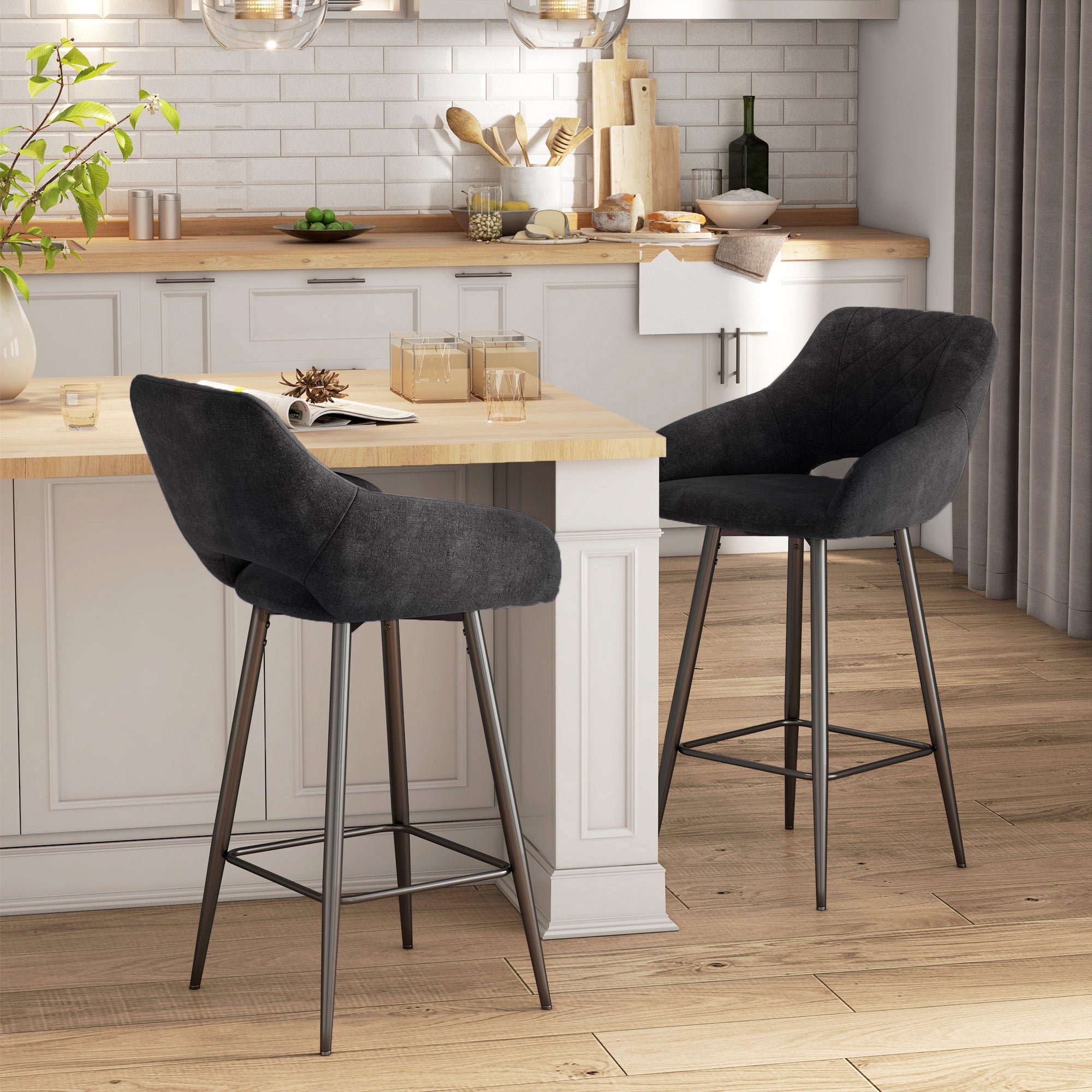 HOMCOM Set of Two Velvet-Feel Bar Stools - Grey - North Peak Garden Furniture