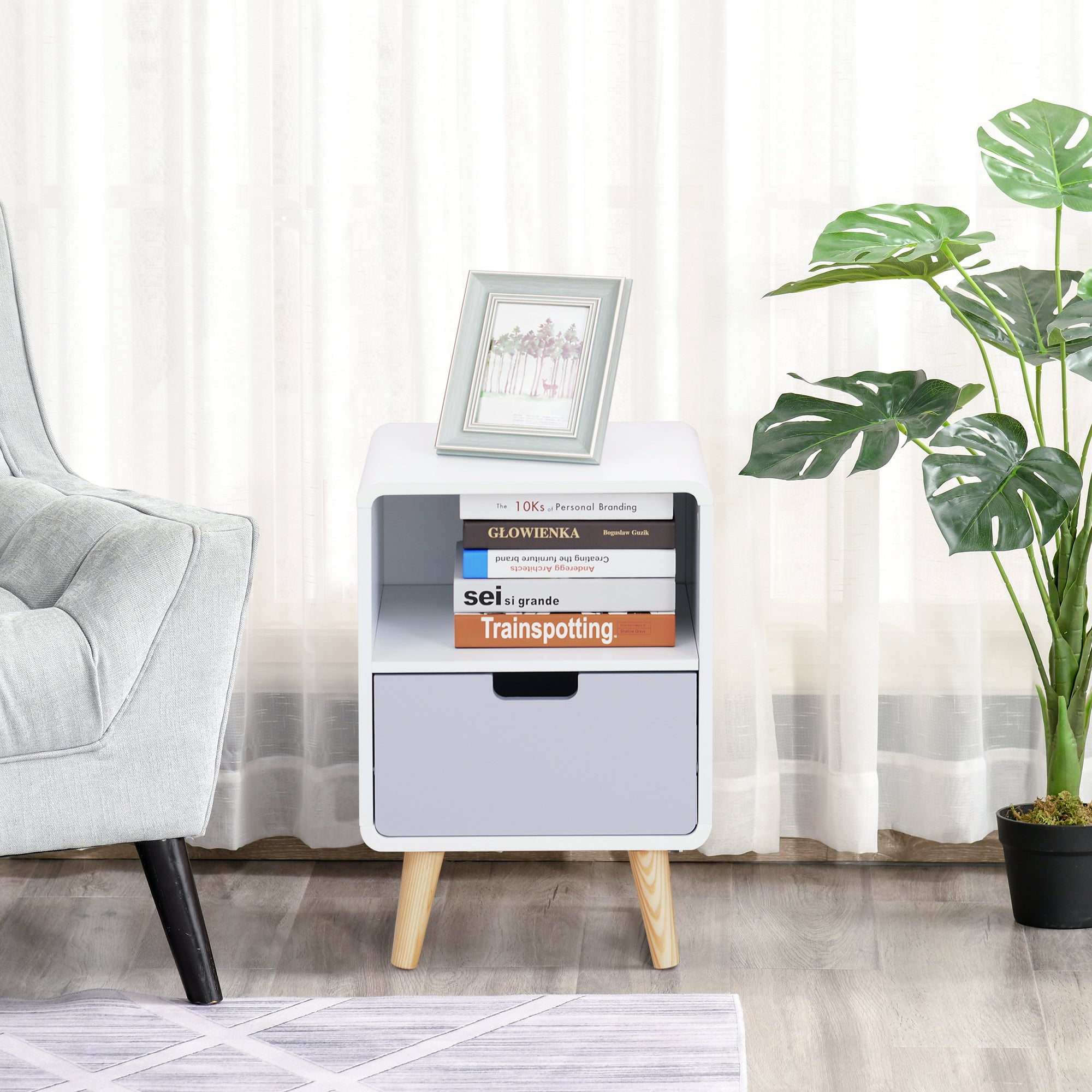 HOMCOM Wooden Bedside Table End Nightstand With Drawer Wood Lamp Desk Storage Unit Bedroom Scandinavian Nordic Style - North Peak Garden Furniture
