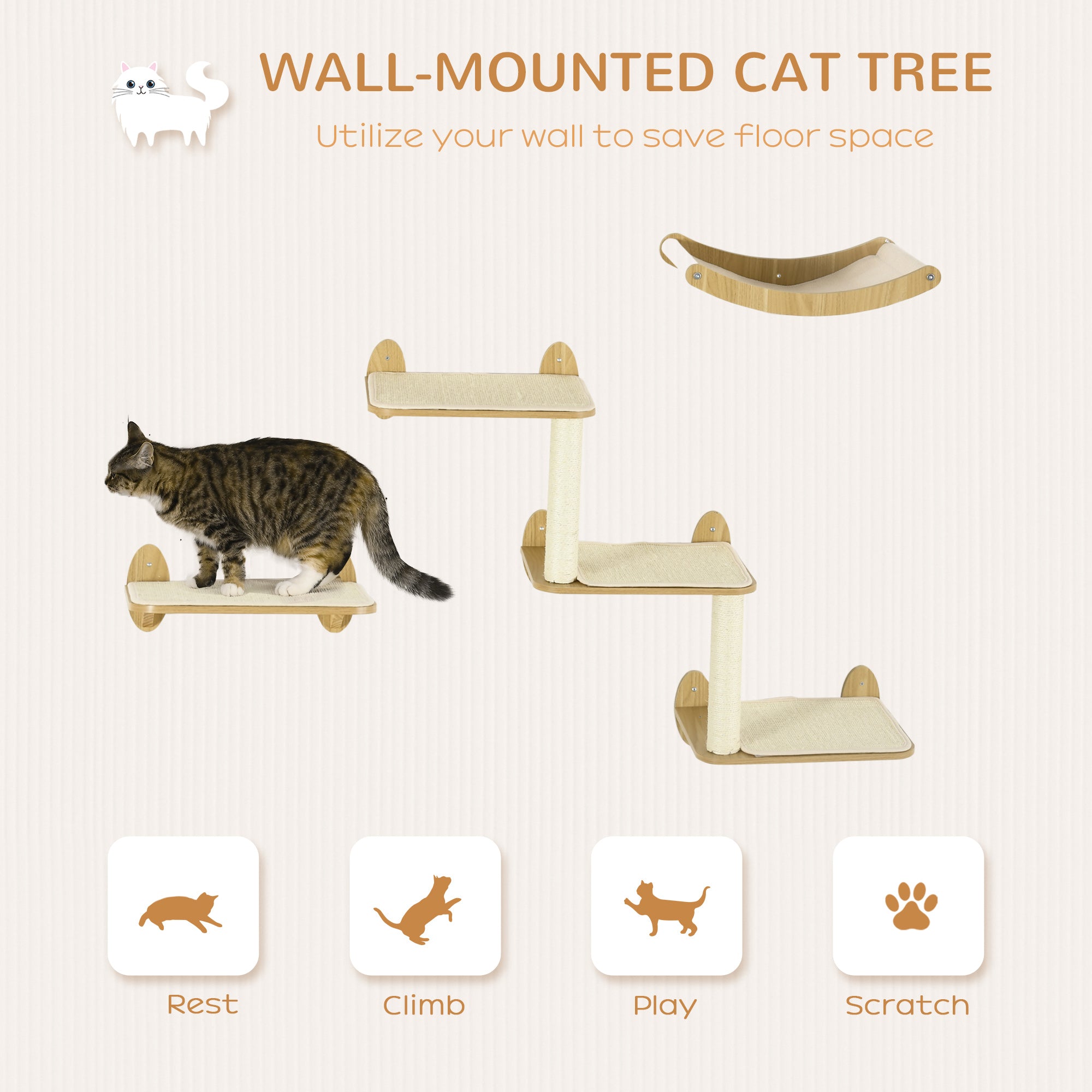 PawHut 3PCs Wall-Mounted Cat Shelves, with Jumping Platforms, Hammock, Scratching Post - Oak Tone - North Peak Garden Furniture