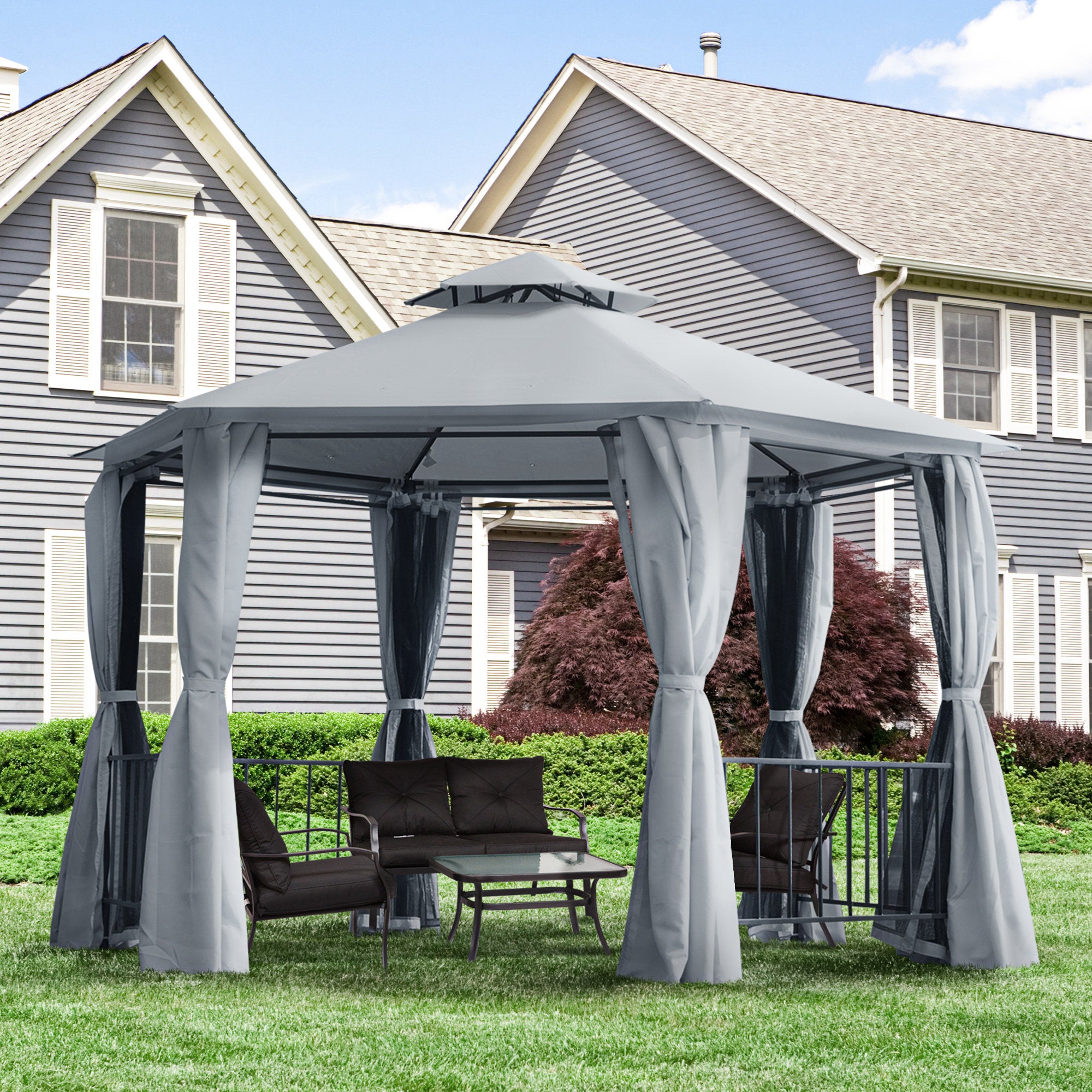 Outsunny 3 x 3(m) Hexagon Gazebo Patio Canopy Party Tent Outdoor Garden Shelter w/ 2 Tier Roof & Side Panel - Grey - North Peak Garden Furniture