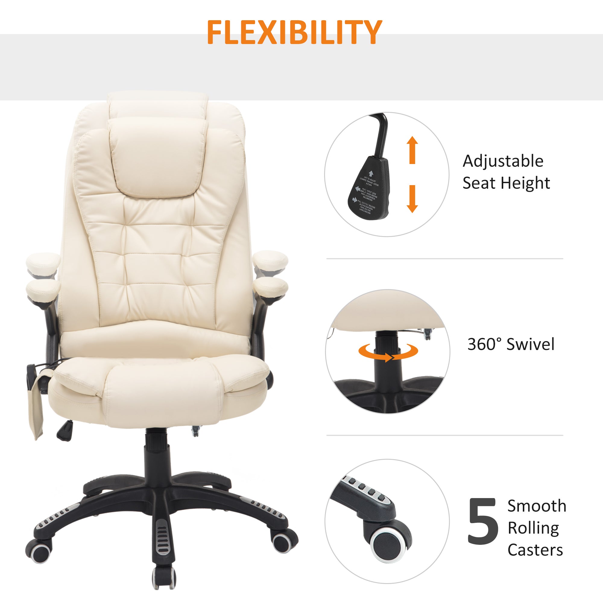 HOMCOM Heated Massage Office Chair, PU Leather Executive Office Chair with High Back, Tilt and Reclining Function, Beige - North Peak Garden Furniture