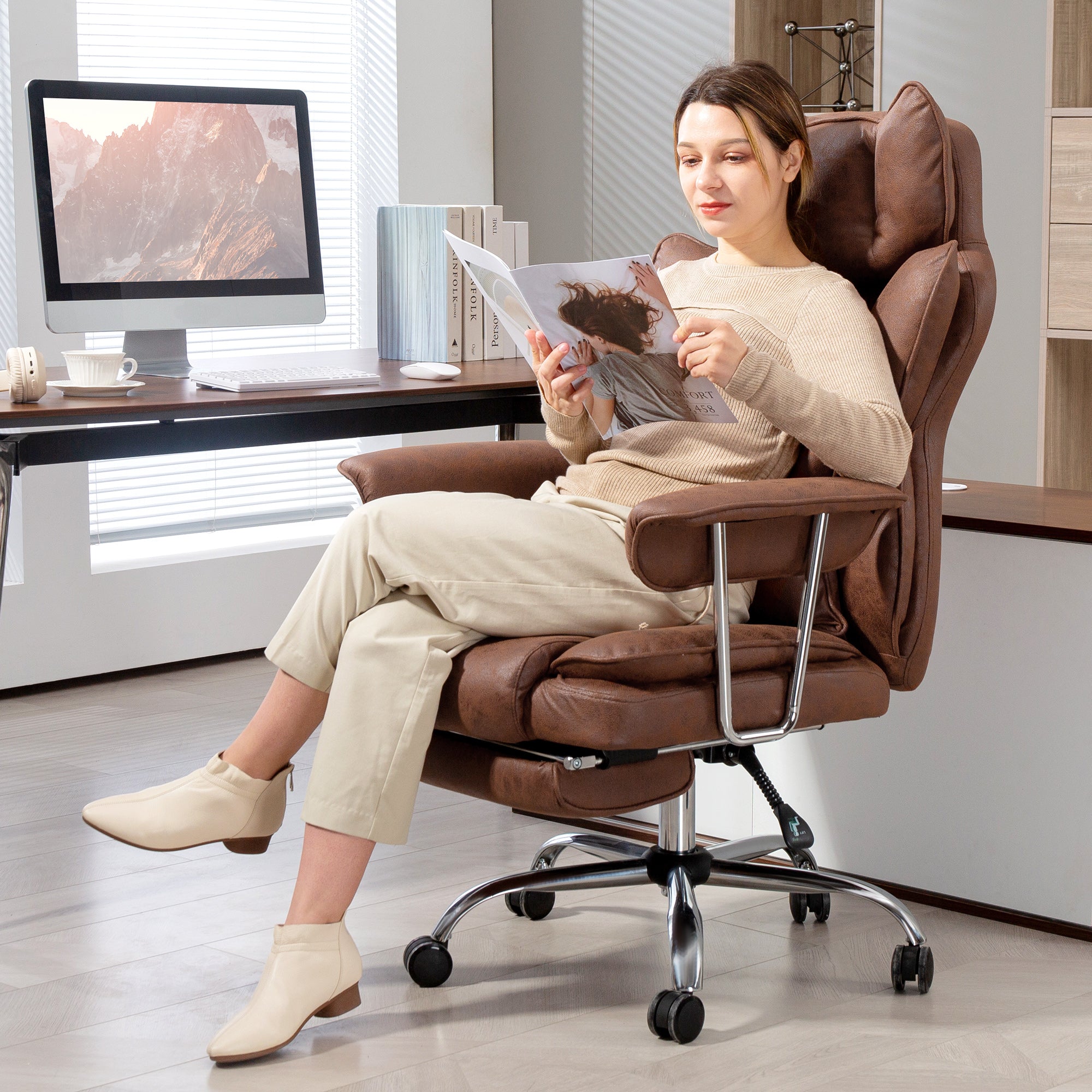 HOMCOM Leathaire Reclining Office Chair with Lumbar Support Pillow - Dark Brown - North Peak Garden Furniture