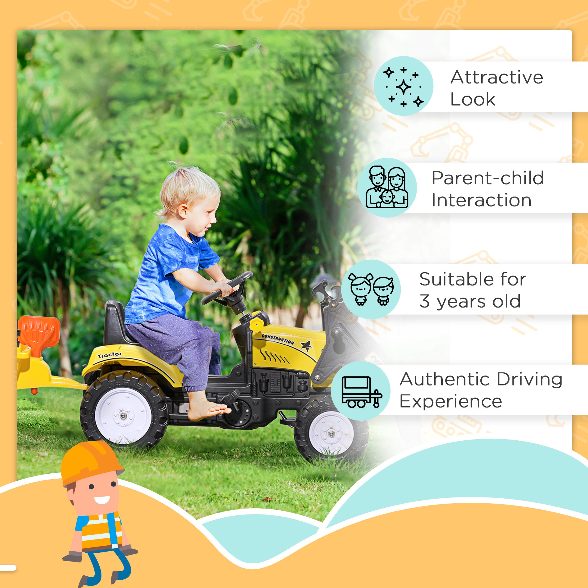 HOMCOM Kids Pedal Go Kart Excavator-Yellow - North Peak Garden Furniture