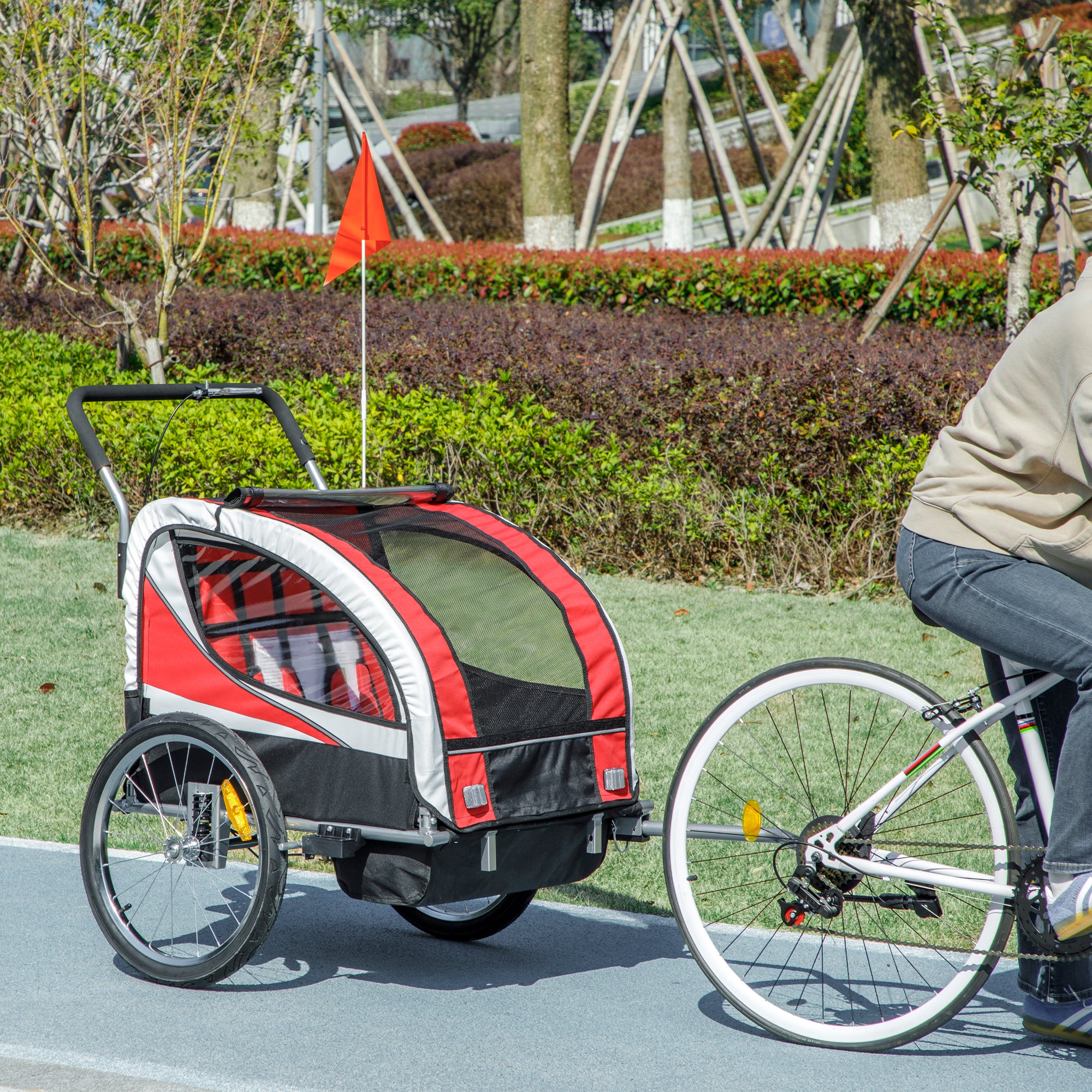HOMCOM Baby Bike Trailer, Child Bicycle Trailer with 5 Point Harness, Steel Frame, Reflectors, Safety Flag, Hitch Coupler, Red - North Peak Garden Furniture