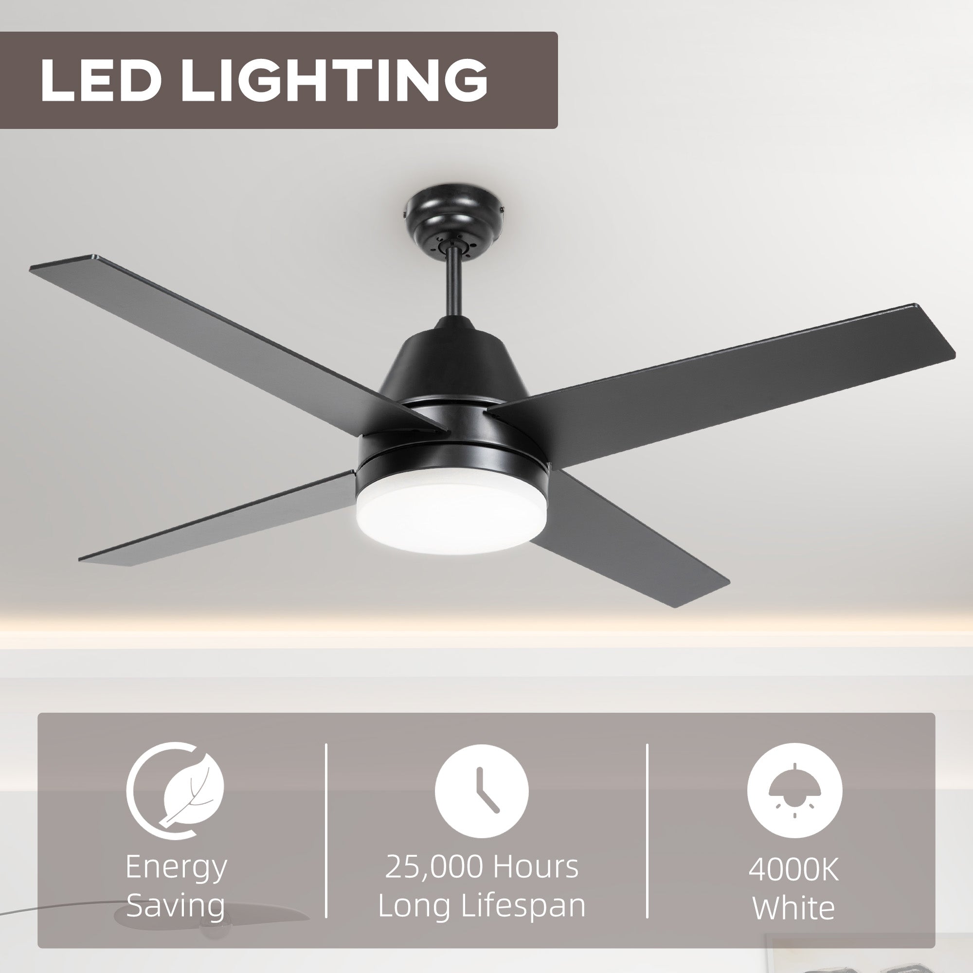 HOMCOM Ceiling Fan with LED Light, Flush Mount Ceiling Fan Lights with Reversible Blades, Remote, Black and Walnut Brown