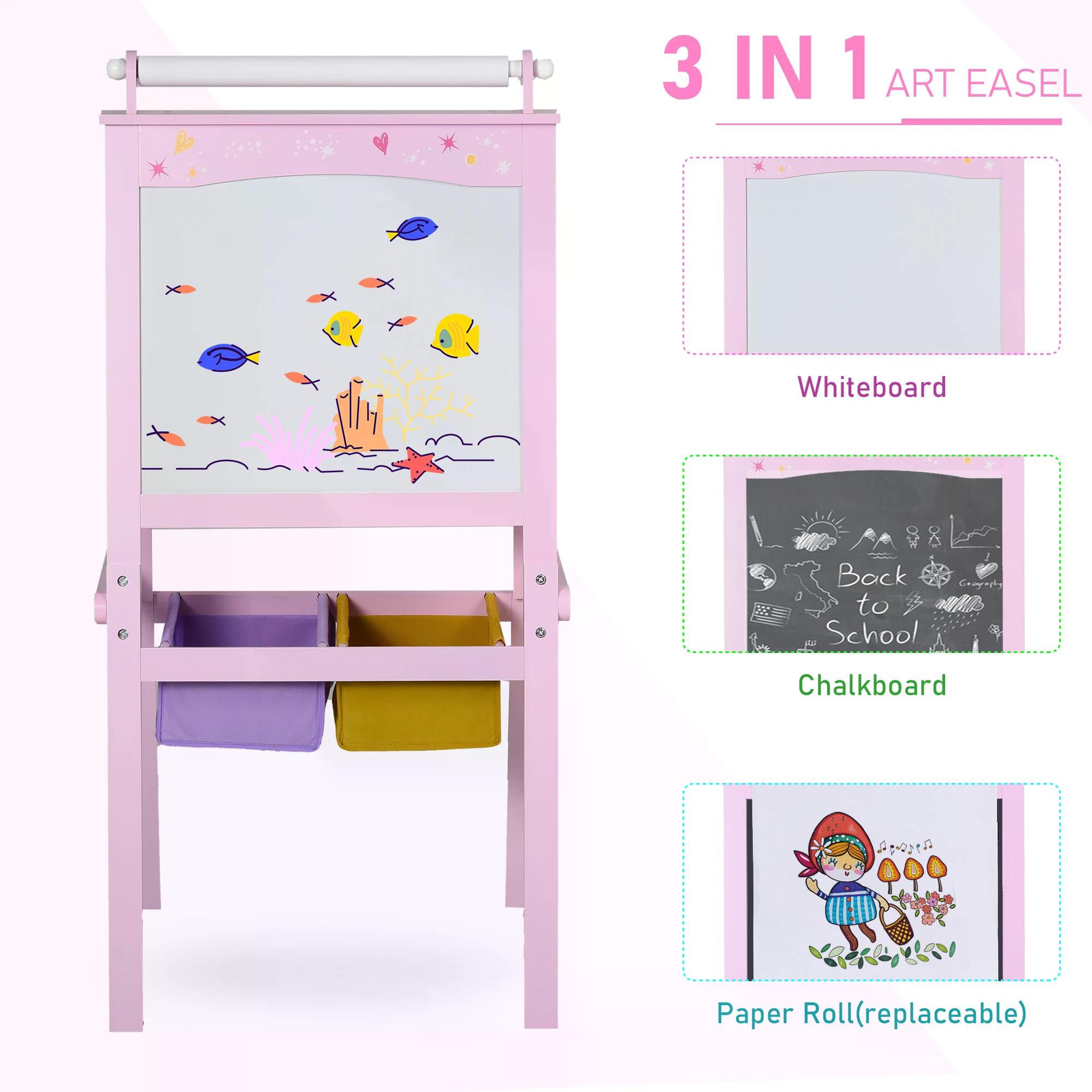 HOMCOM Kids Easel 3 in 1 Wooden Art Easel with Paper Roll Double-Sided Chalkboard & Whiteboard with Storage Baskets for Toddler Girls, Pink