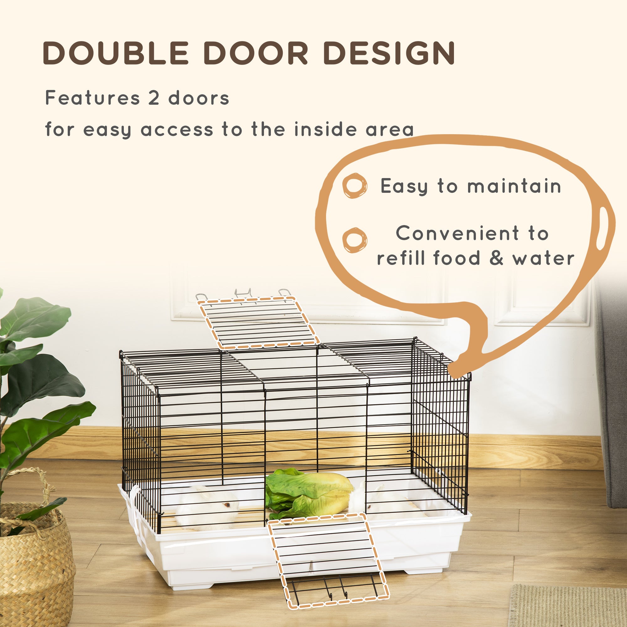 PawHut Indoor Small Animal Cage with Wood Floor, Bunny Guinea Pig House with Removable Tray, 61.5 x 38 x 40 cm, White | Aosom UK