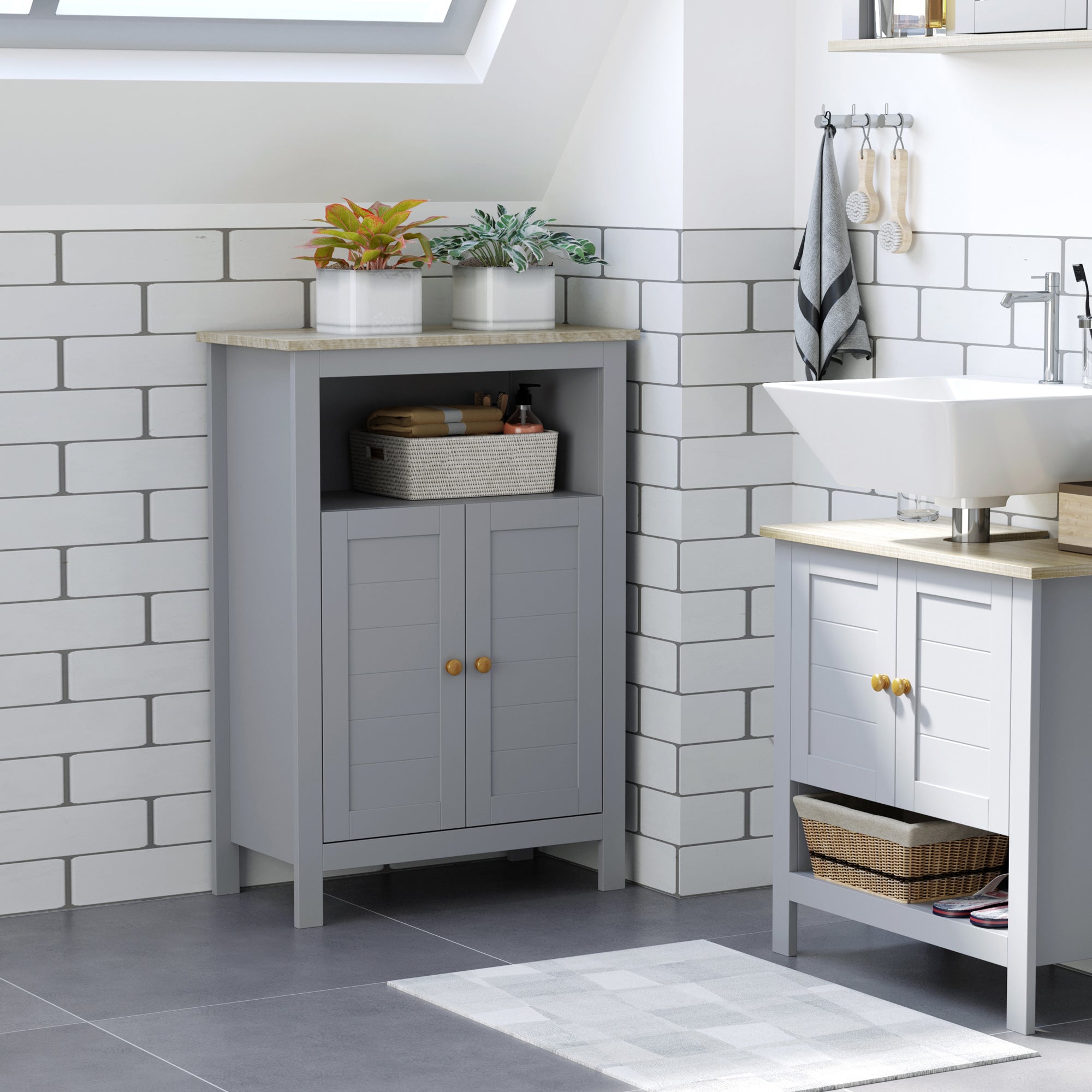 kleankin Bathroom Floor Cabinet, Free Standing Cupboard with Double Doors and Adjustable Shelf for Kitchen, Hallway, Living Room, Grey - North Peak Garden Furniture