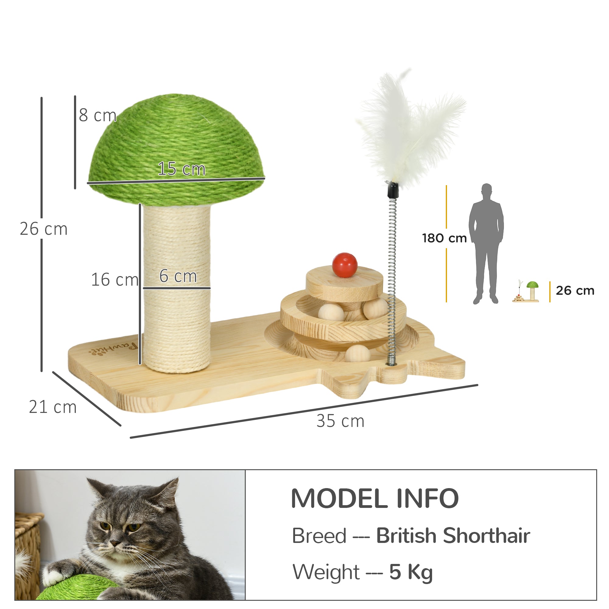 PawHut Mushroom-Shaped Cat Scratching Post, with Toy Balls, Feather for Indoor Cats, 35 x 21 x 26cm - Natural Tone - North Peak Garden Furniture